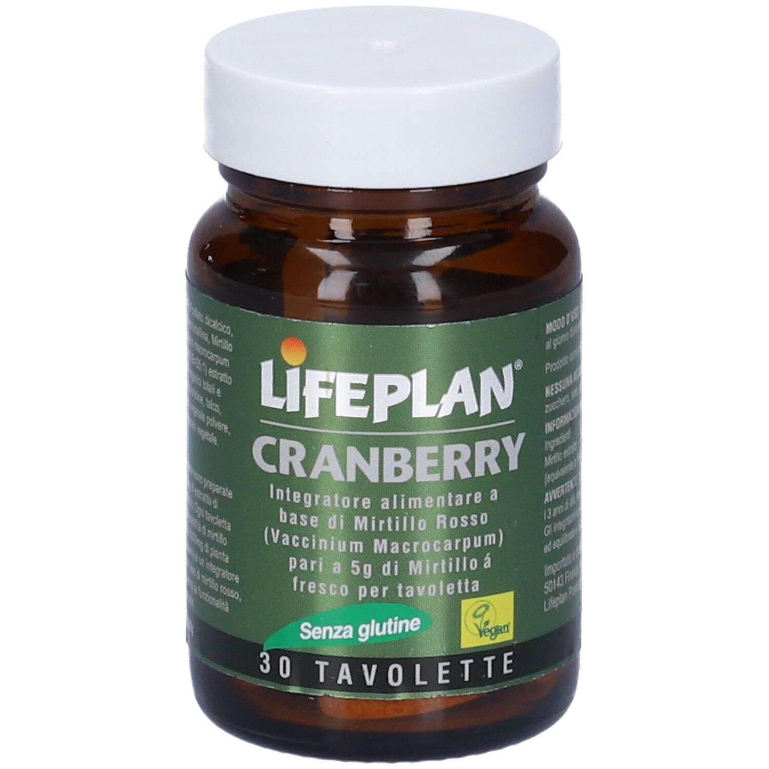 Flacone marrone con tappo bianco. Scritta: Lifeplan Cranberry, 30 compresse. Sigillo vegano.
