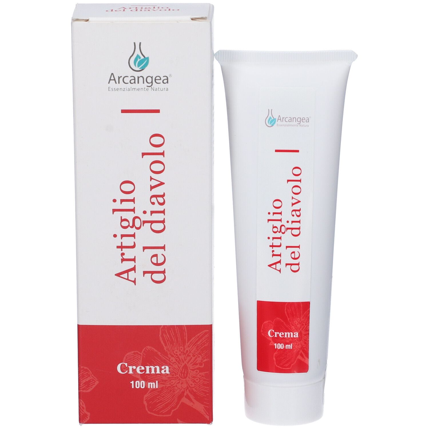 Confezione prodotto con tubo. Scatola e tubo bianchi con testo rosso. Testo: Artiglio del diavolo, Crema, logo Arcangea. 100 ml.