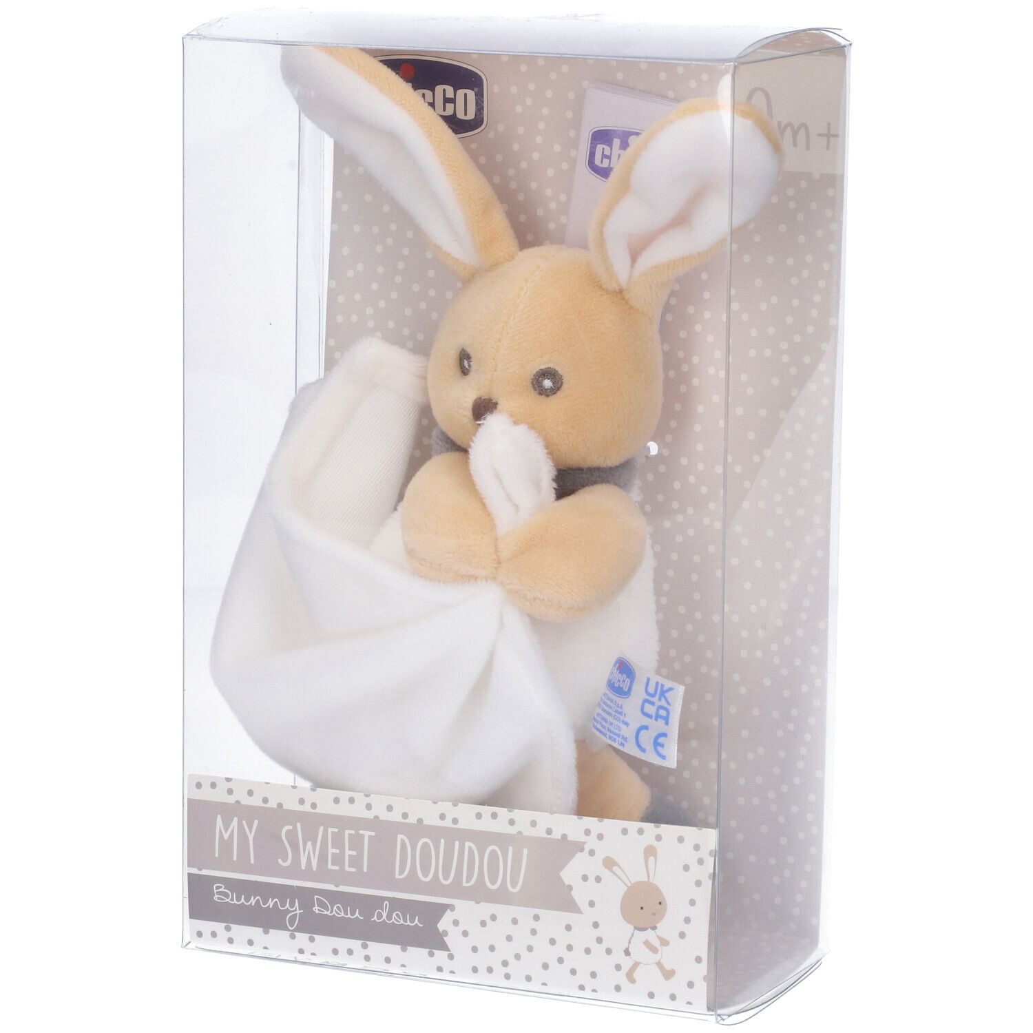 Coniglietto di stoffa beige con tessuto bianco, confezionato. Scritta: MY SWEET DOUDOU. Età: 0m+.
