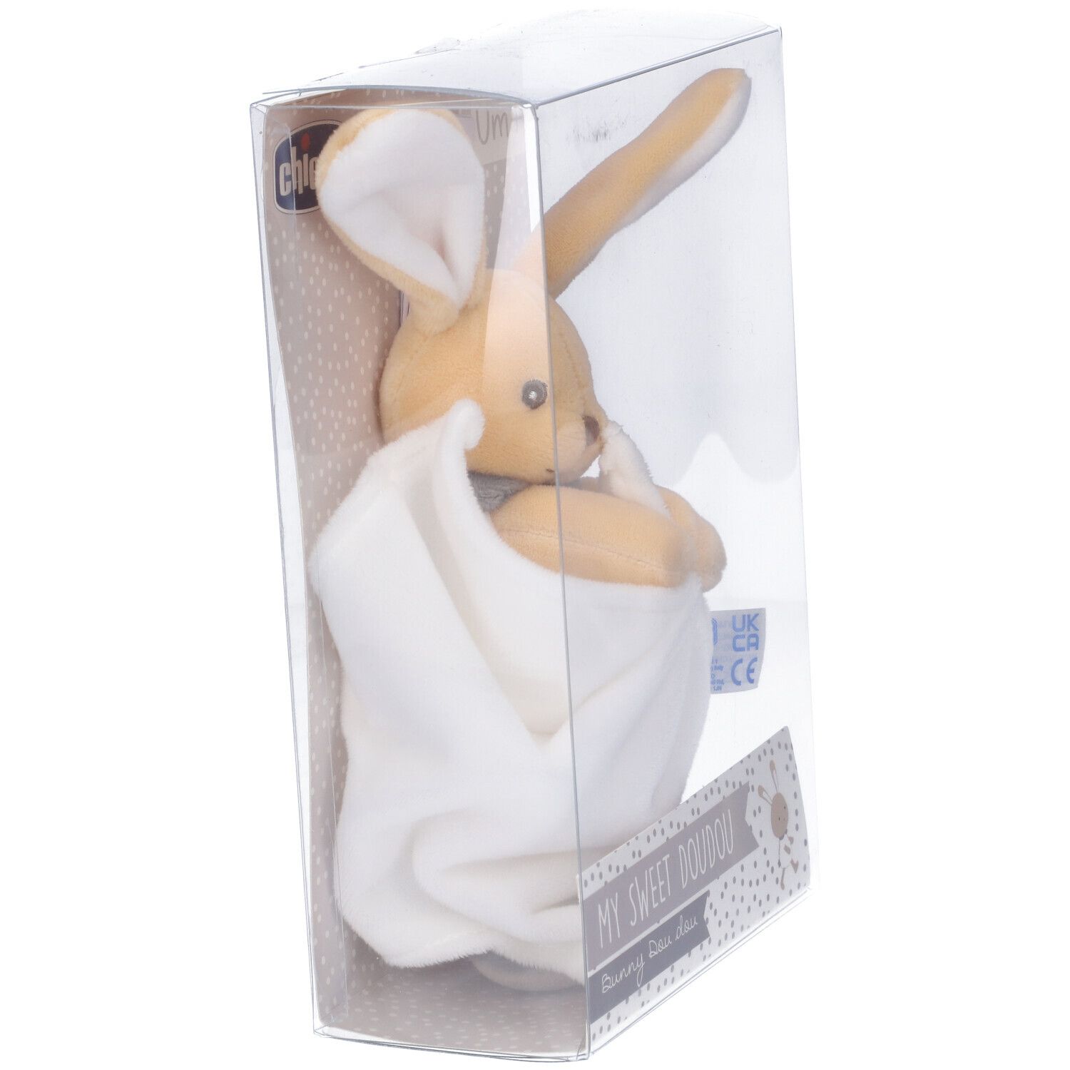 Coniglietto di stoffa beige con tessuto bianco, confezionato. Scritta: MY SWEET DOUDOU. Età: 0m+.