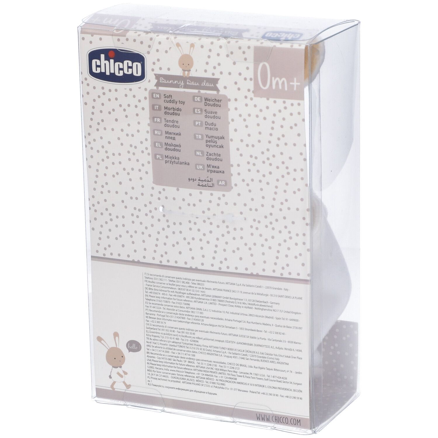 Retro della confezione con informazioni sul prodotto e raccomandazione di età: 0m+.