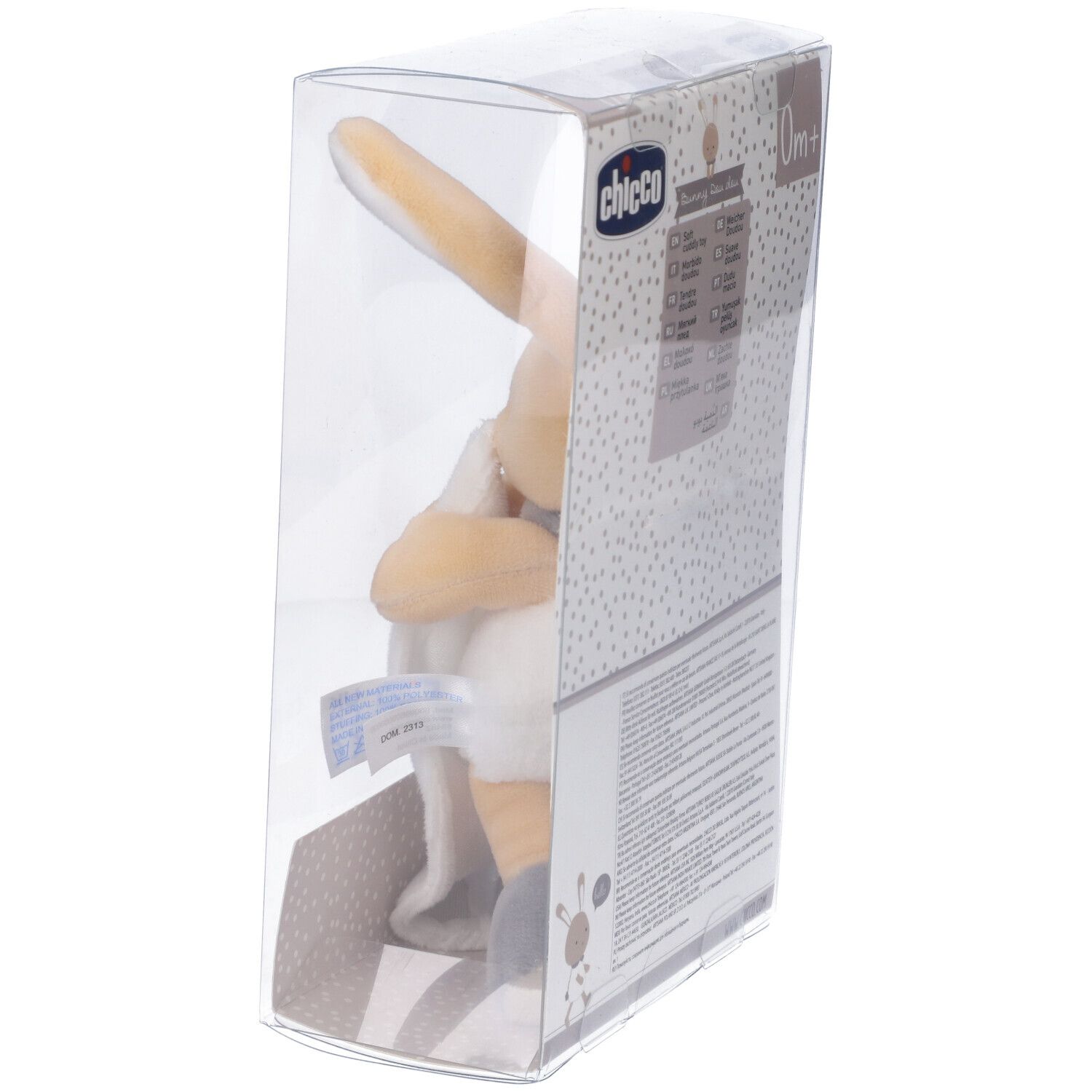 Vista laterale della confezione con informazioni sul prodotto e raccomandazione di età: 0m+.