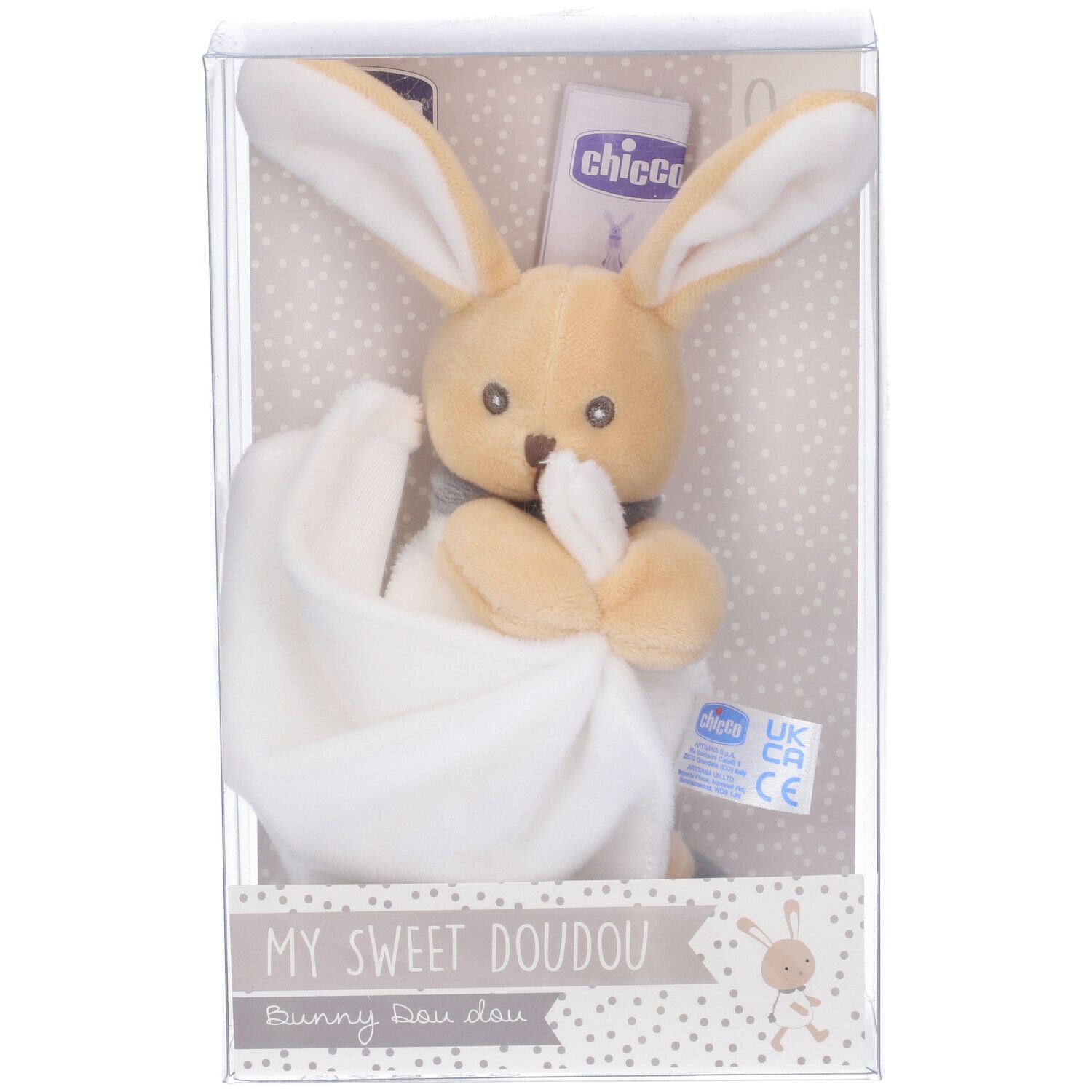 Coniglietto di stoffa beige con tessuto bianco, confezionato. Scritta: MY SWEET DOUDOU. Età: 0m+.
