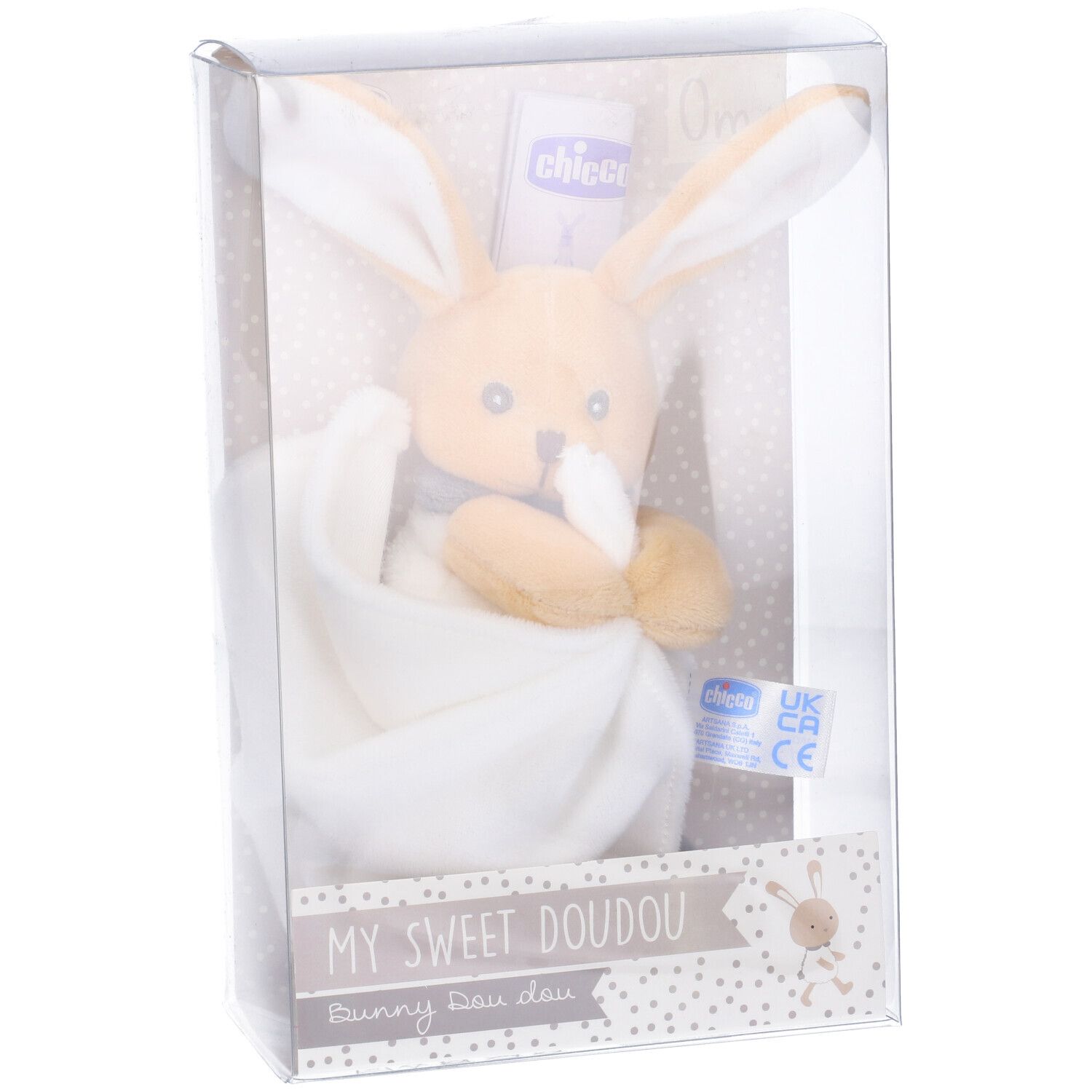 Coniglietto di stoffa beige con tessuto bianco, confezionato. Scritta: MY SWEET DOUDOU. Età: 0m+.