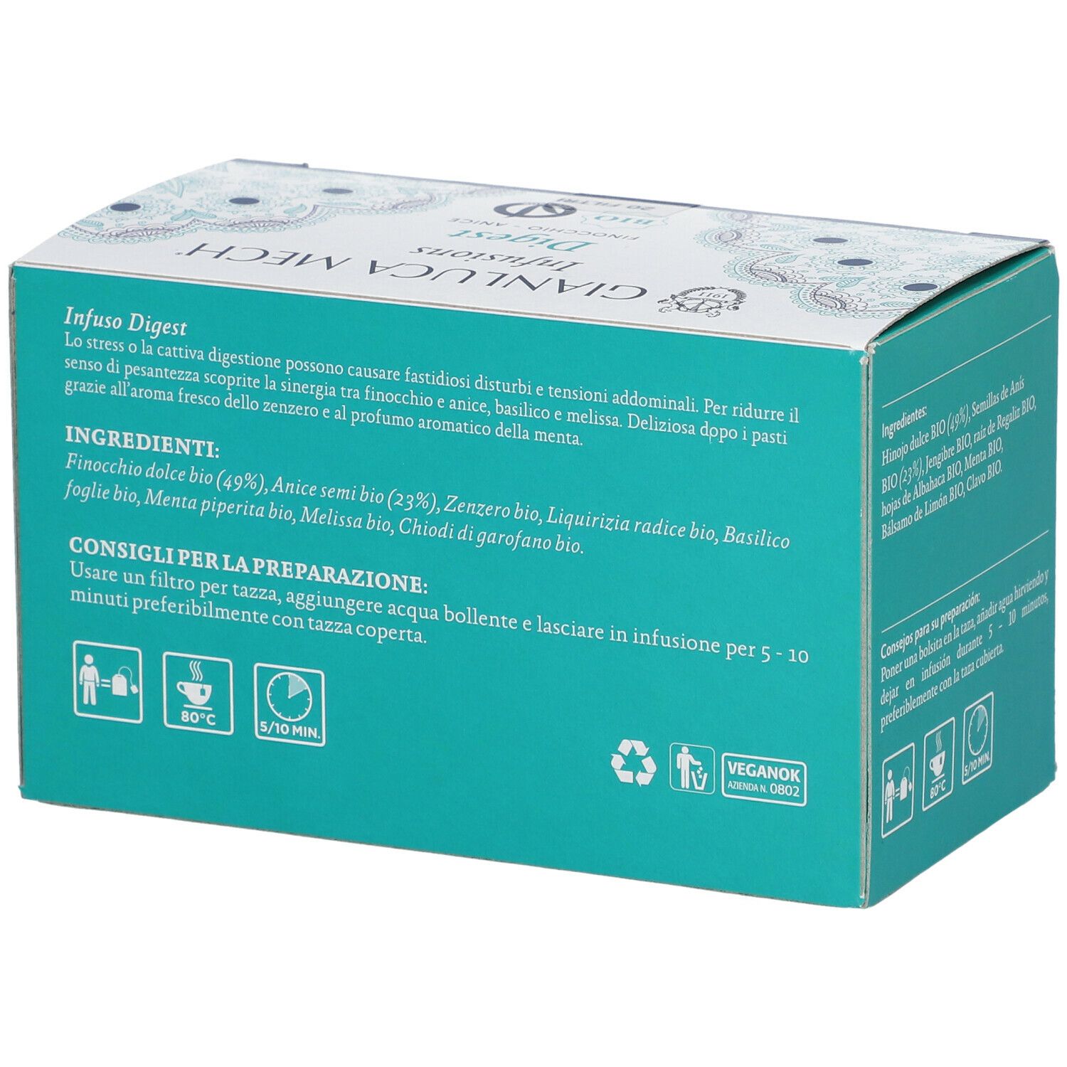 Scatola con testo e istruzioni. GIANLUCA MECH Infusions Digest. Certificazione BIO. Logo VeganOK.