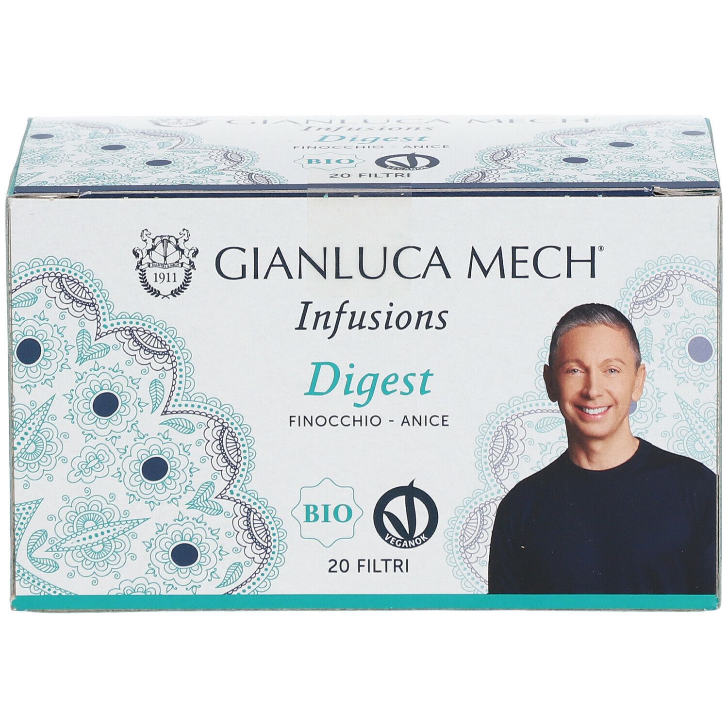 Scatola GIANLUCA MECH Infusions Digest. Certificazione BIO. 20 filtri. Immagine di un uomo. Marchio VeganOK.
