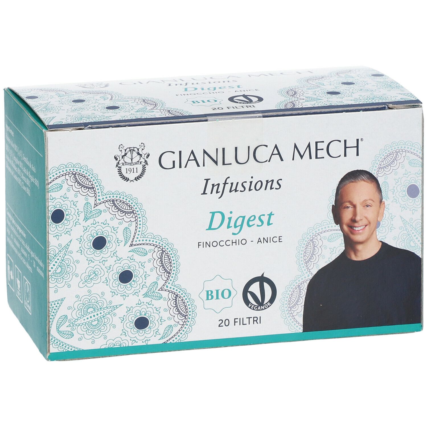 Scatola GIANLUCA MECH Infusions Digest. Certificazione BIO. 20 filtri. Immagine di un uomo. Marchio VeganOK.