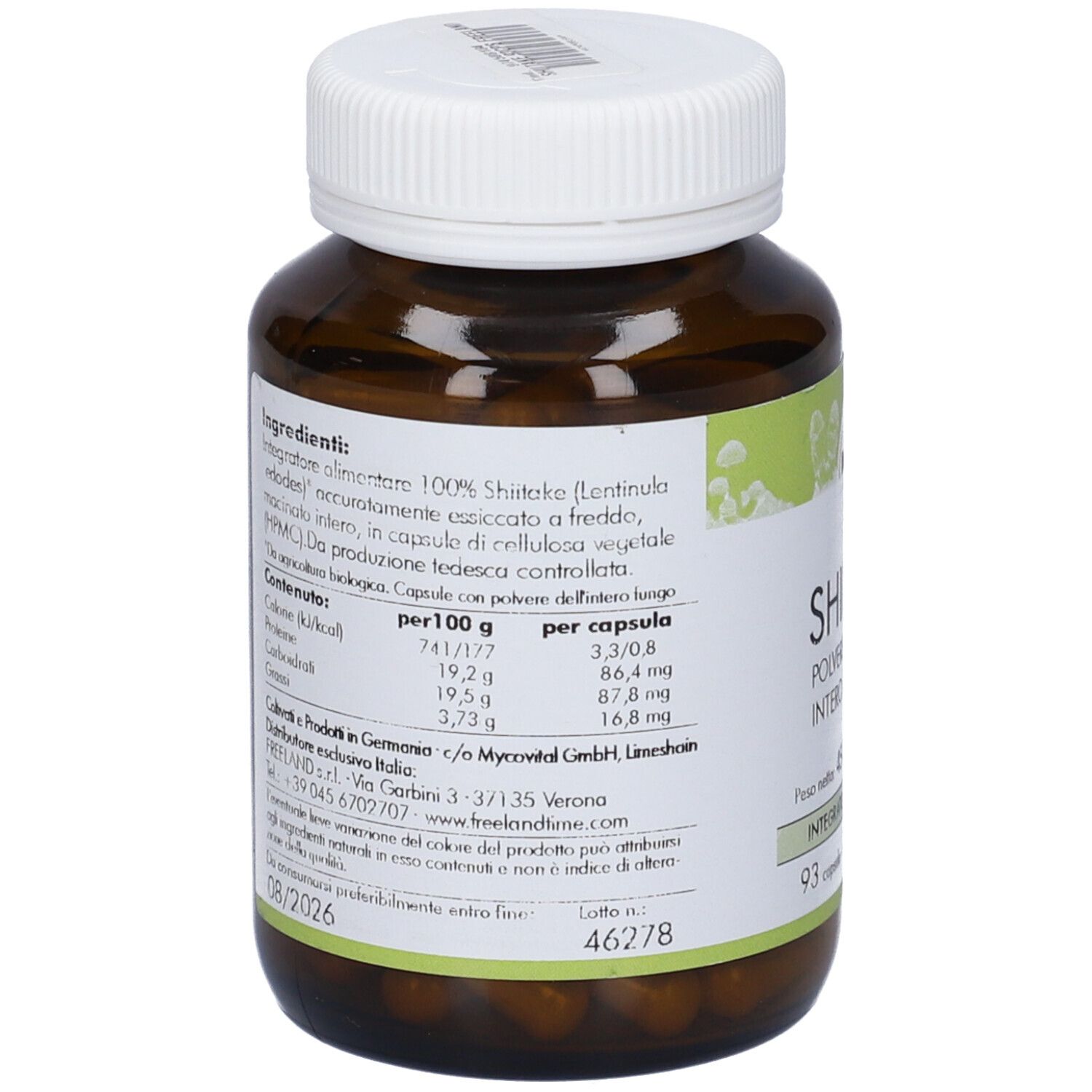 Retro del flacone. Elenco ingredienti, informazioni nutrizionali per 100g e per capsula. Scadenza 08/2026. Logo Freeland.