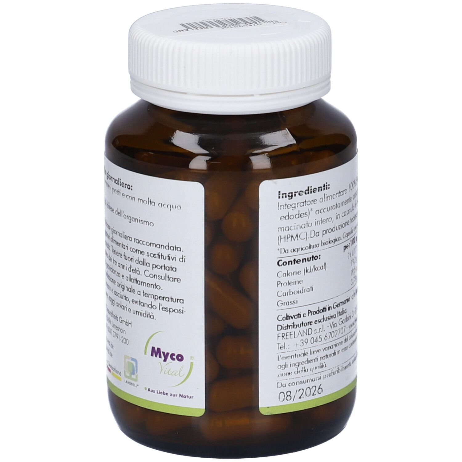 Retro del flacone. Testo sull'uso. Scadenza 08/2026. Logo Myco Vital. Certificazione Bio.