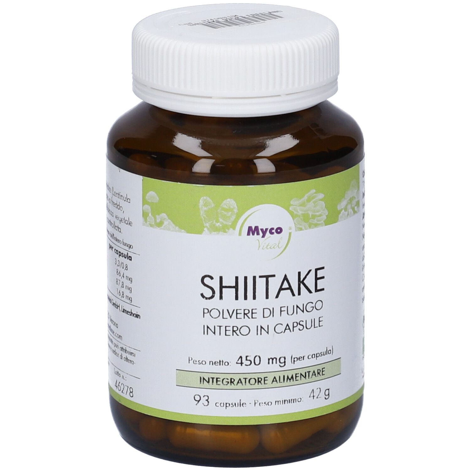 Flacone di vetro marrone con tappo bianco. Scritta: Shiitake, polvere di funghi in capsule. 93 capsule. Logo Myco Vital.