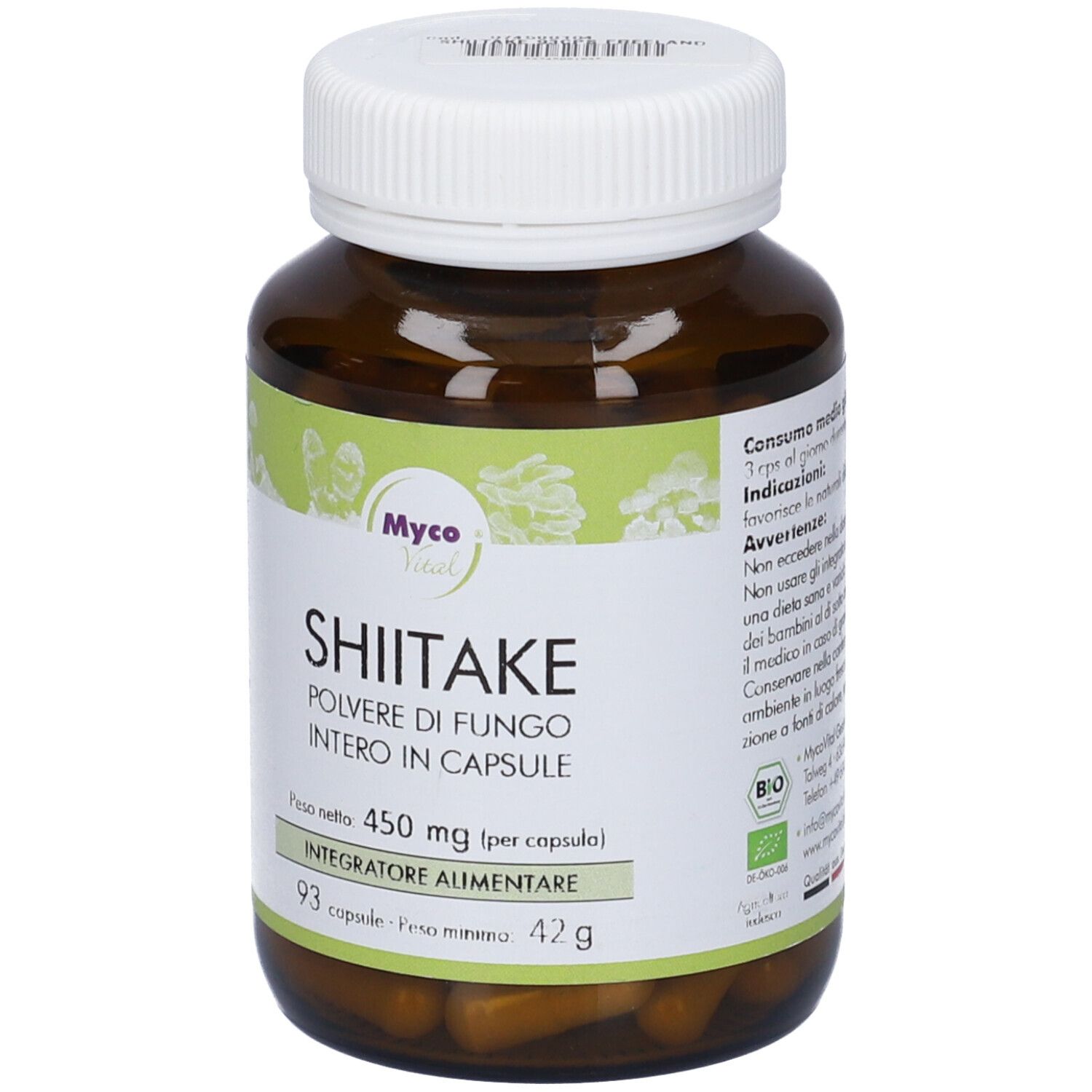 Flacone di vetro marrone con tappo bianco. Scritta: Shiitake, polvere di funghi in capsule. 93 capsule. Logo Myco Vital. Certificazione Bio.