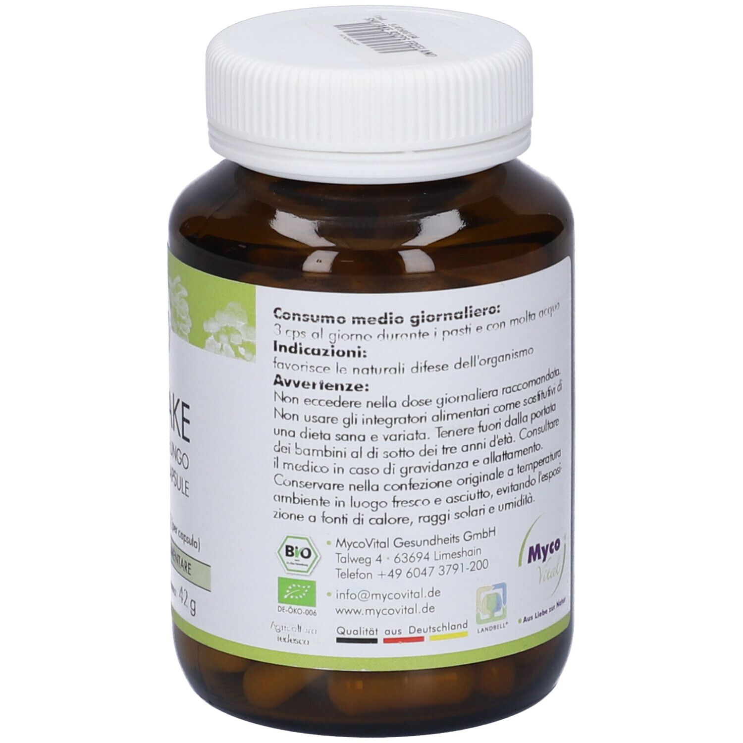 Retro del flacone. Testo sull'uso. Scadenza 08/2026. Logo Myco Vital. Certificazione Bio.