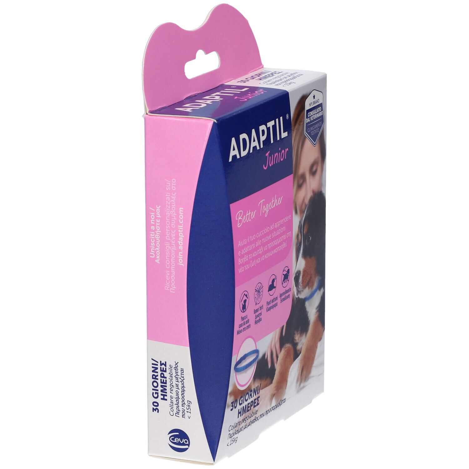 Confezione Adaptil Junior Collare, vista obliqua. Colori rosa e blu. Nome del prodotto e immagine di un cucciolo visibili.