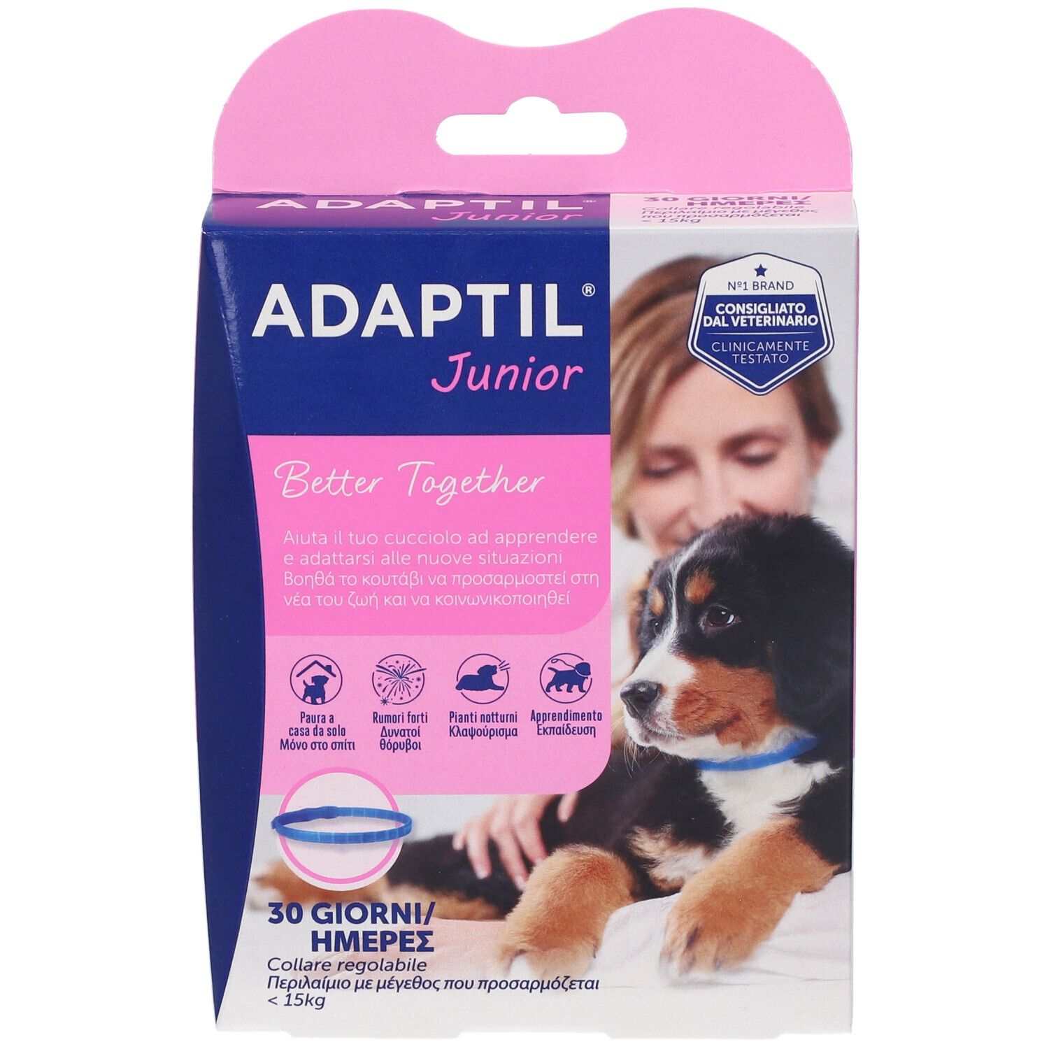 Confezione Adaptil Junior Collare. Scatola blu con nome del prodotto e immagine di un cucciolo. Contiene un collare.