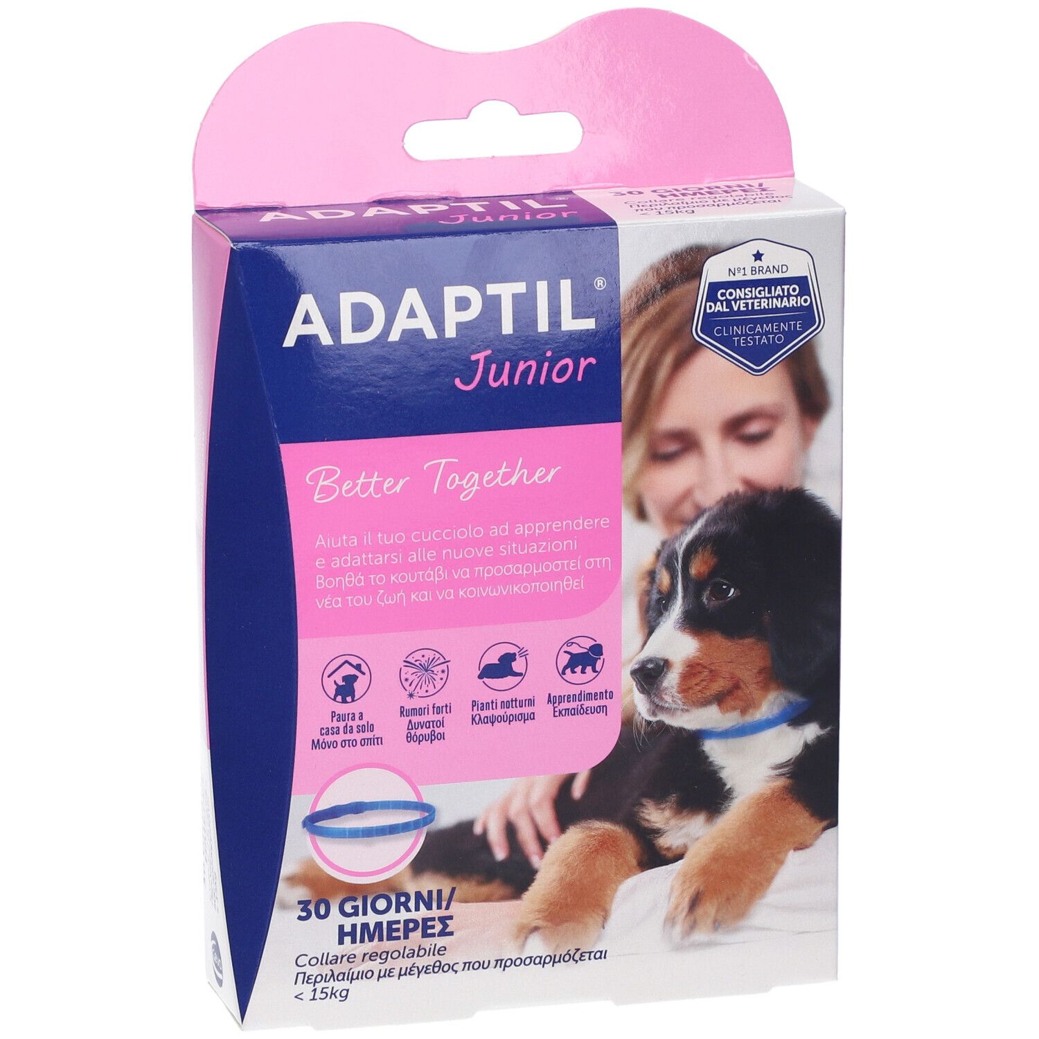 Confezione collare Adaptil Junior con cucciolo e informazioni sul prodotto.
