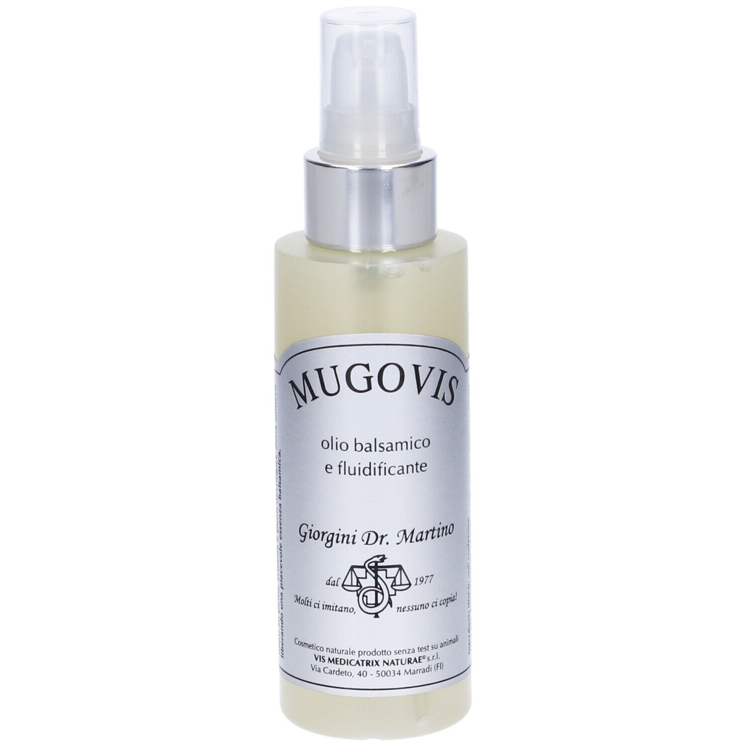 Flacone trasparente con vaporizzatore. Nome e logo del prodotto. Scritta: « Olio balsamico e fluidificante ». Logo e testo del produttore.