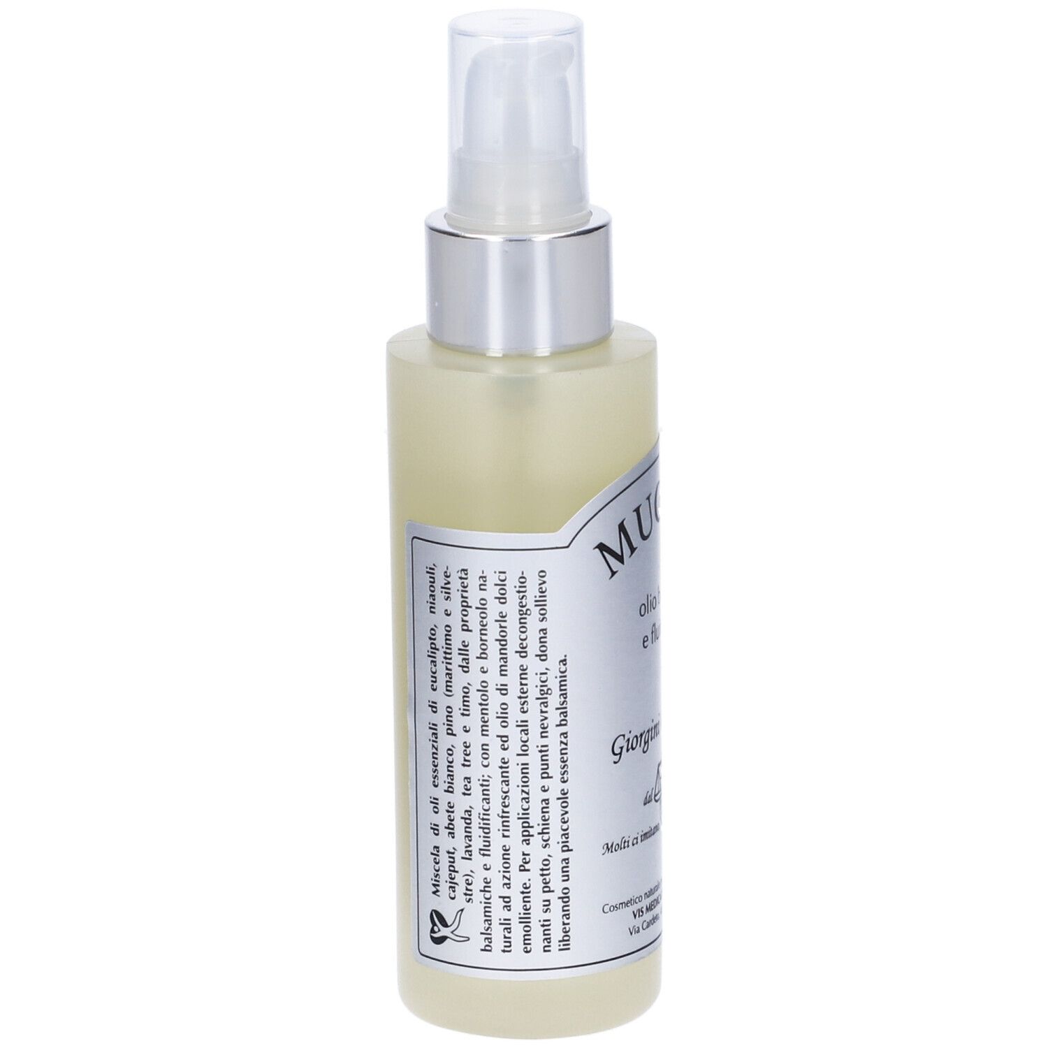 Flacone trasparente con vaporizzatore. Nome e logo del prodotto. Scritta: « Olio balsamico e fluidificante ». Testo con ingredienti.