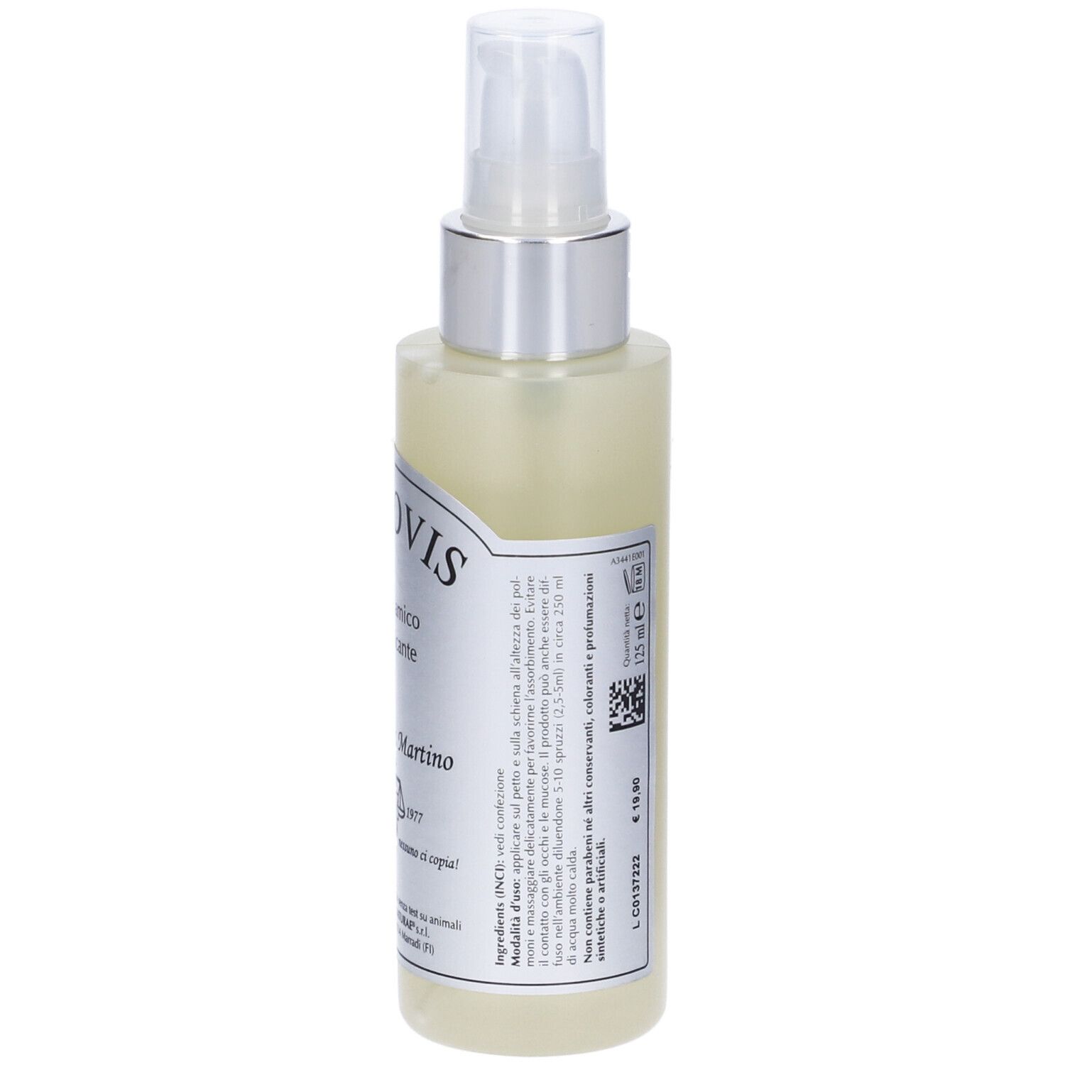 Flacone trasparente con vaporizzatore. Nome e logo del prodotto. Scritta: « Olio balsamico e fluidificante ». Testo con ingredienti e volume.