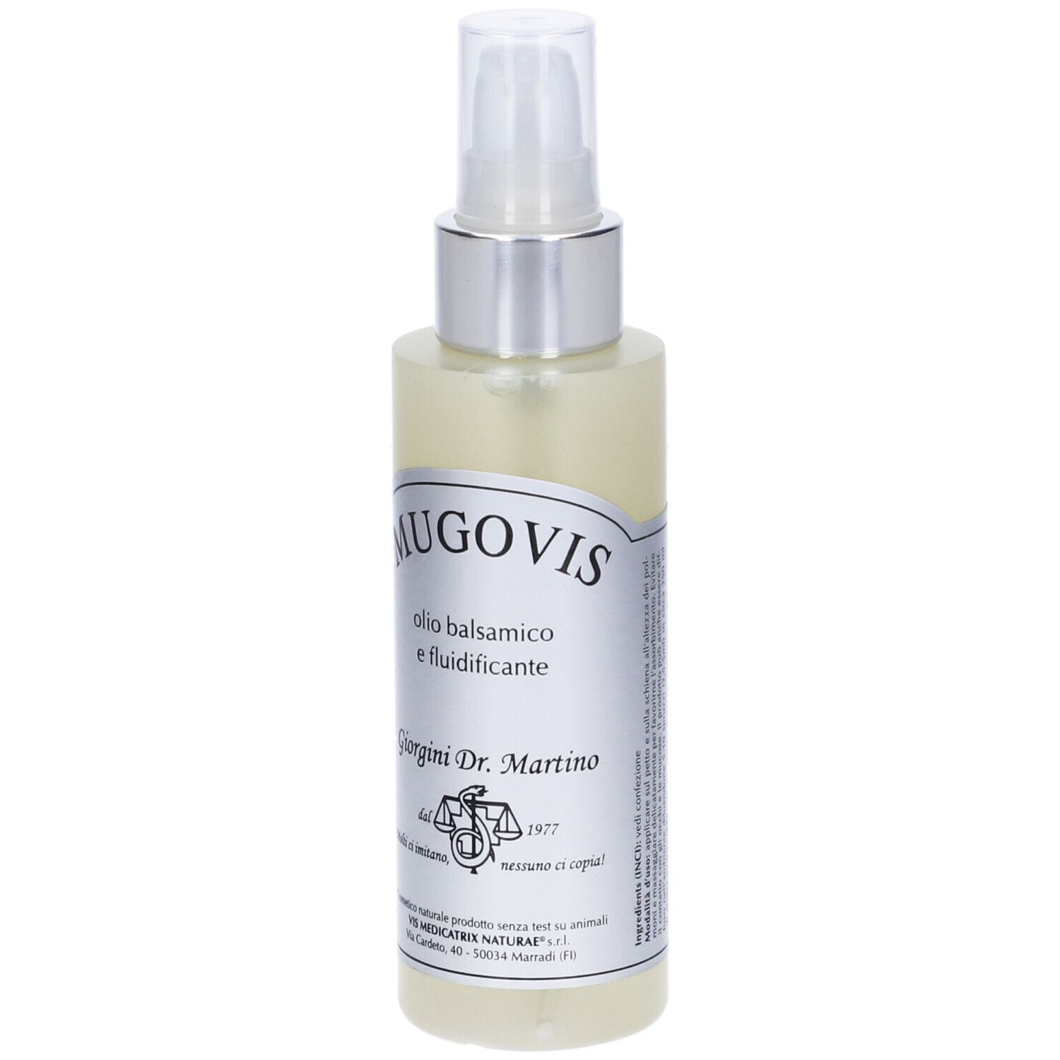 Flacone trasparente con vaporizzatore. Nome e logo del prodotto. Scritta: « Olio balsamico e fluidificante ». Logo e testo del produttore.
