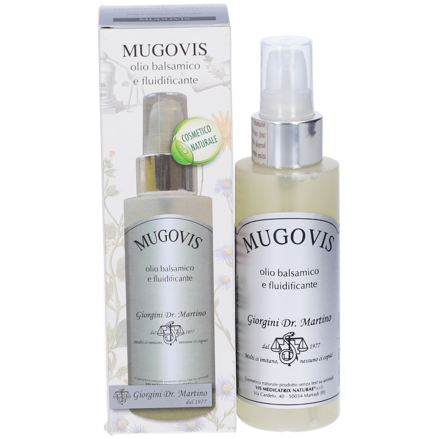 Prodotto in confezione. Flacone con vaporizzatore e nome del prodotto. Scritta: « Olio balsamico e fluidificante ». Logo e testo.