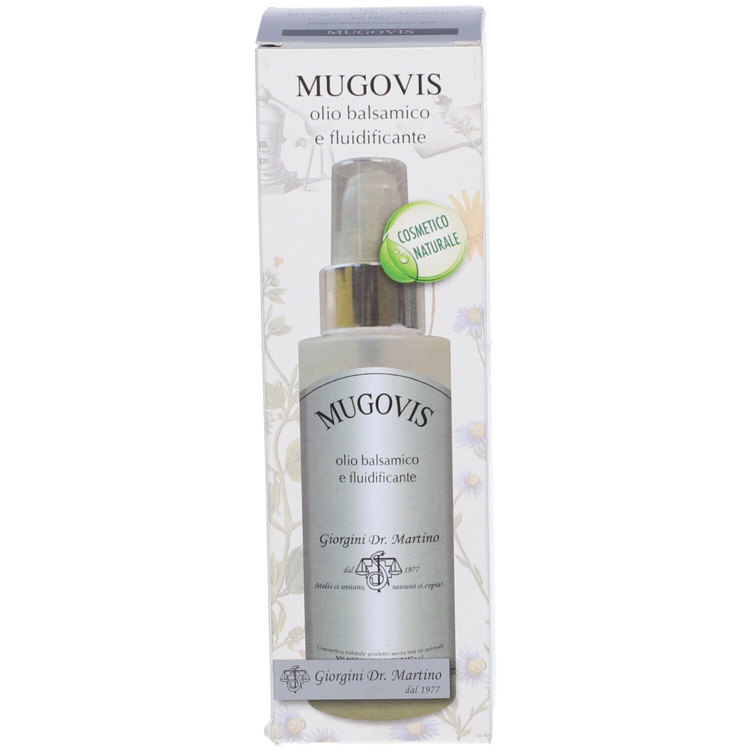 Prodotto in confezione. Flacone con vaporizzatore e nome del prodotto. Scritta: « Olio balsamico e fluidificante ». Logo e testo.