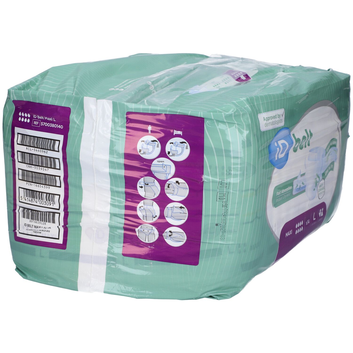 Retro della confezione di pannolini ID belt Maxi. Codice a barre, pittogrammi, istruzioni. Taglia L, 14 pezzi. Design verde e bianco.