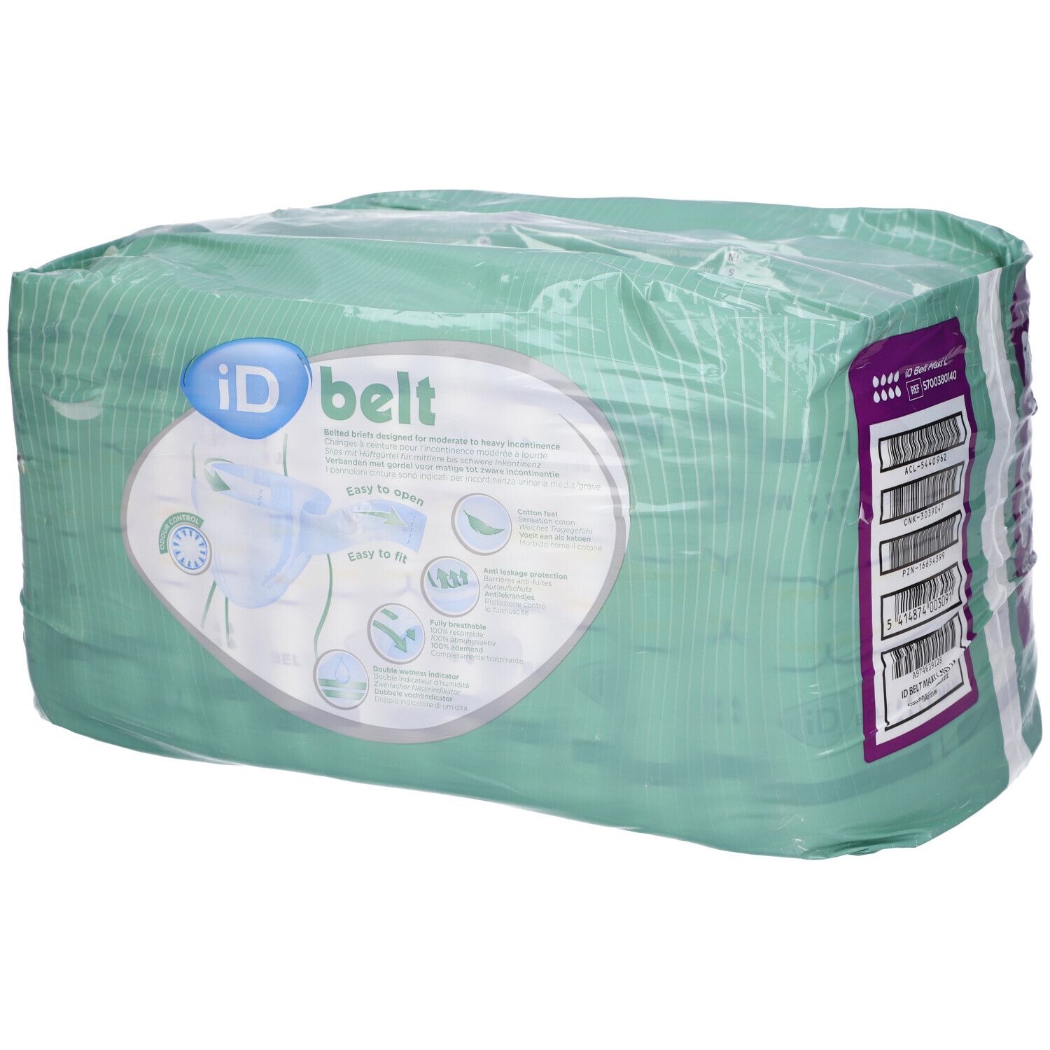 Confezione di pannolini ID belt Maxi. Design verde e bianco, film trasparente. Caratteristiche: facile da aprire, facile da indossare, anti-perdite.