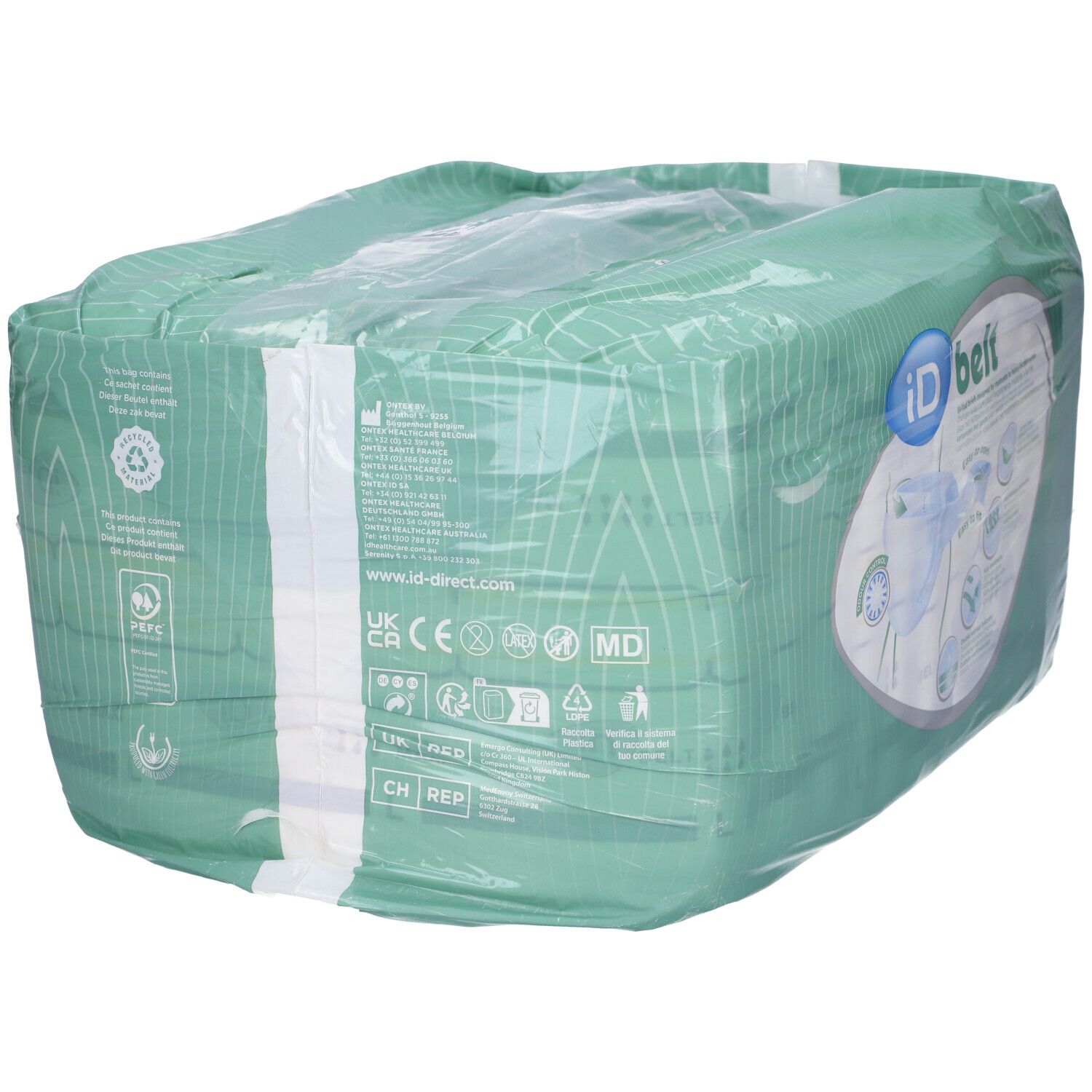 Retro della confezione di pannolini ID belt Maxi. Pittogrammi, certificazioni, informazioni del produttore. Design verde e bianco.