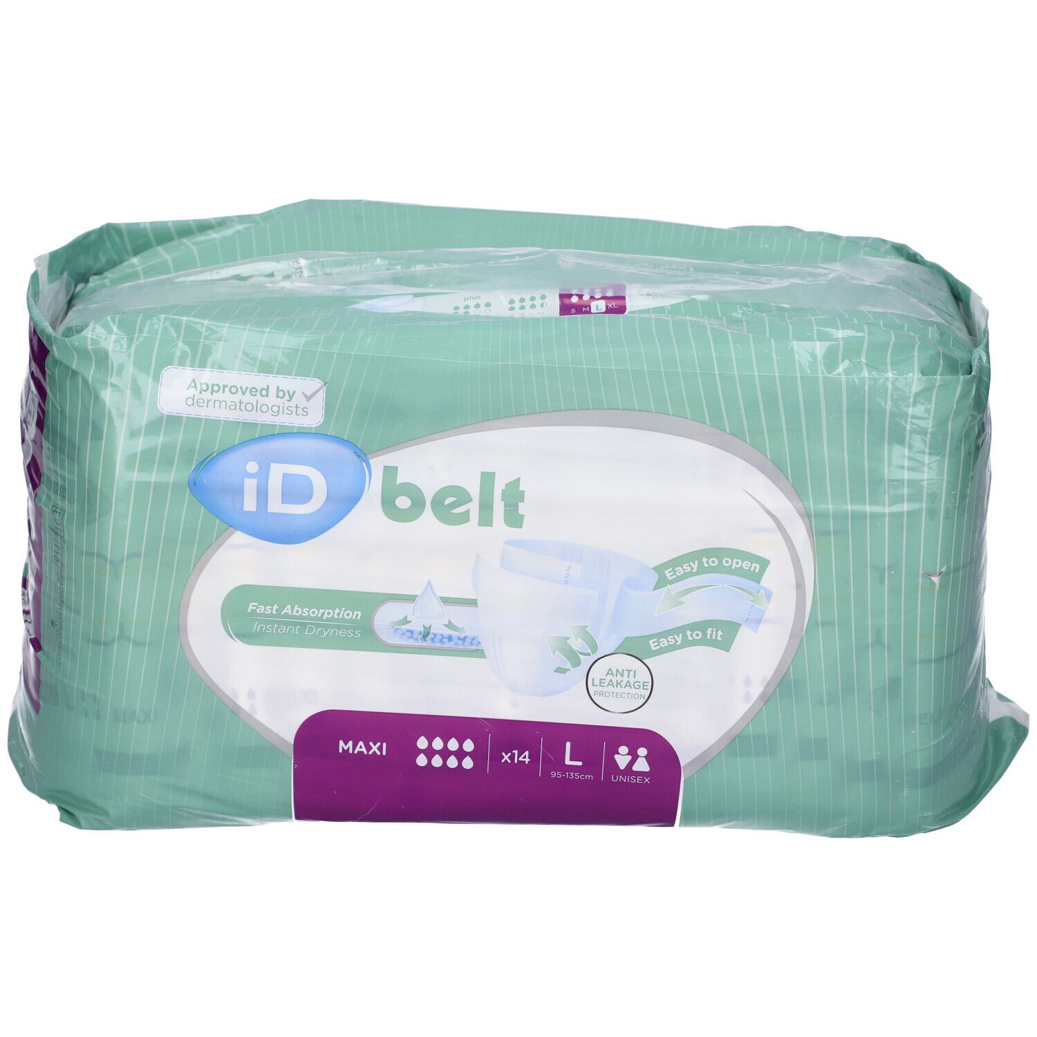 Confezione di pannolini ID belt Maxi, taglia L, 14 pezzi. Design verde e bianco, film trasparente. Testato dermatologicamente. Logo Maxi.