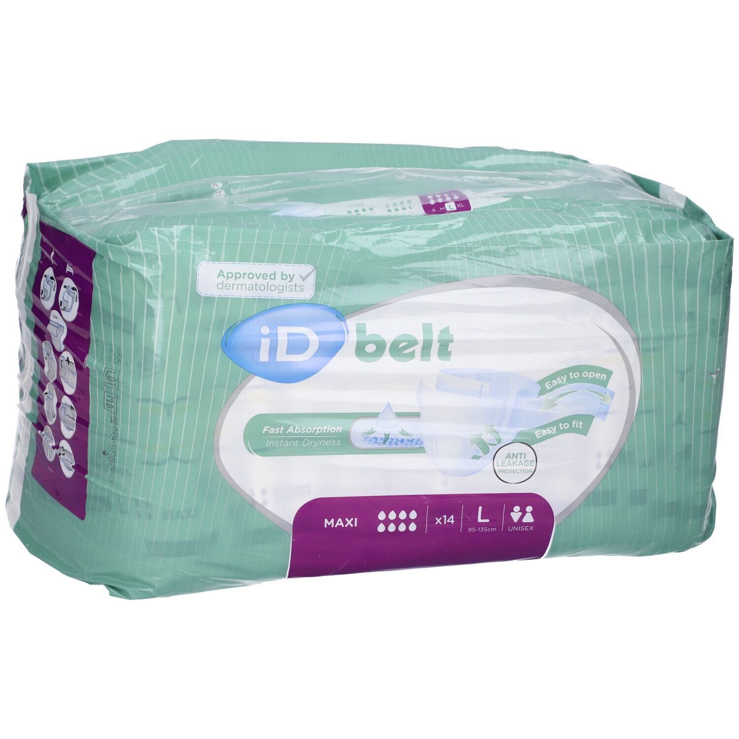 Confezione di pannolini ID belt Maxi, taglia L, 14 pezzi. Design verde e bianco, film trasparente. Caratteristiche: facile da aprire, facile da indossare.