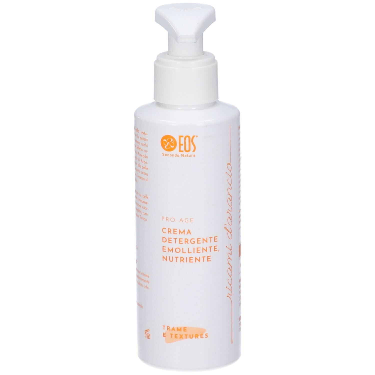 Flacone bianco con dosatore. Scritte: EOS, Pro-Age, Crema Detergente, Emolliente, Nutriente. Trame & textures.