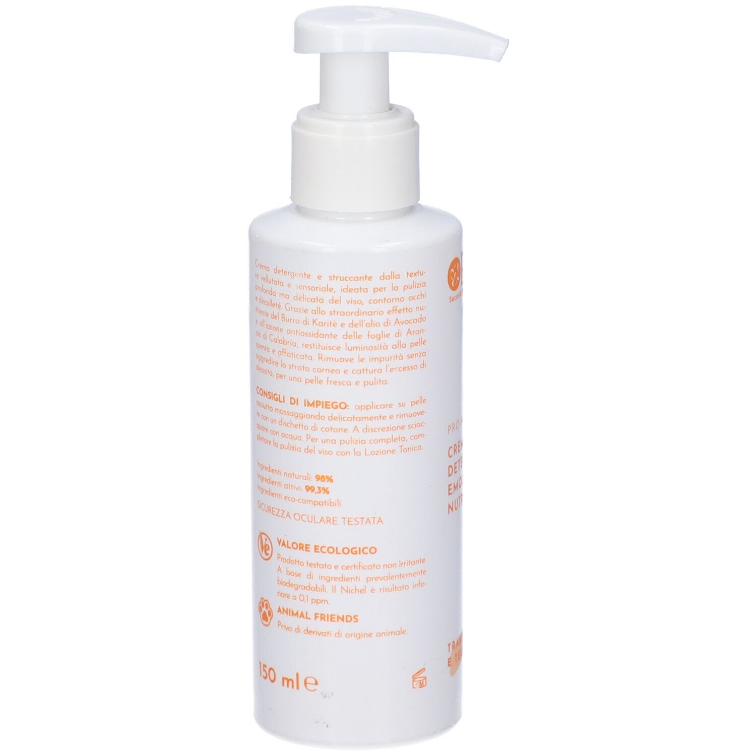 Flacone bianco con dosatore. Scritte: EOS, Pro-Age, Crema Detergente, Emolliente, Nutriente. Trame & textures.