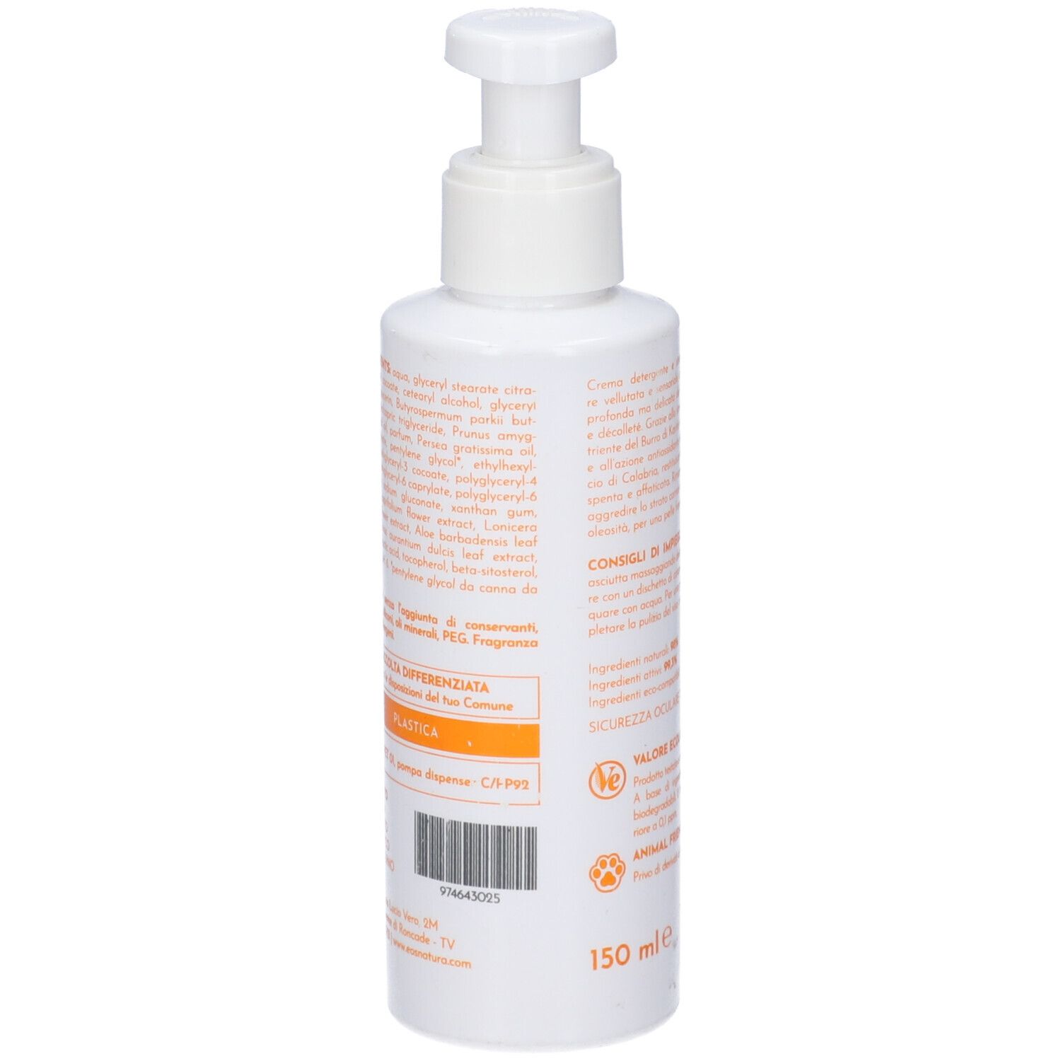 Flacone bianco con dosatore. Scritte: EOS, Pro-Age, Crema Detergente, Emolliente, Nutriente. Trame & textures.