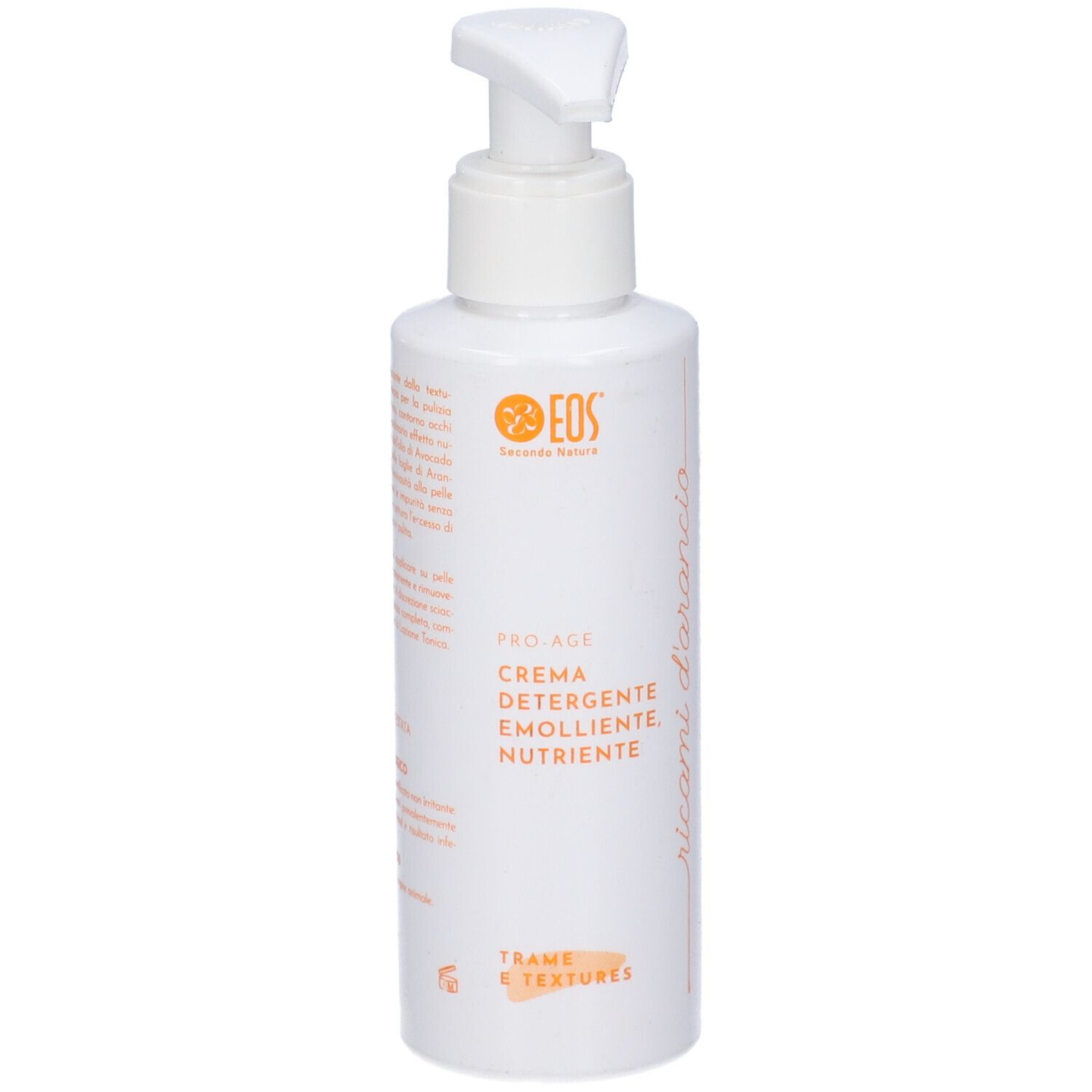 Flacone bianco con dosatore. Scritte: EOS, Pro-Age, Crema Detergente, Emolliente, Nutriente. Trame & textures.