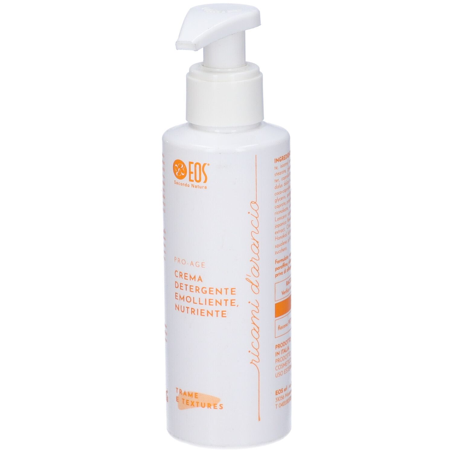 Flacone bianco con dosatore. Scritte: EOS, Pro-Age, Crema Detergente, Emolliente, Nutriente. Trame & textures.