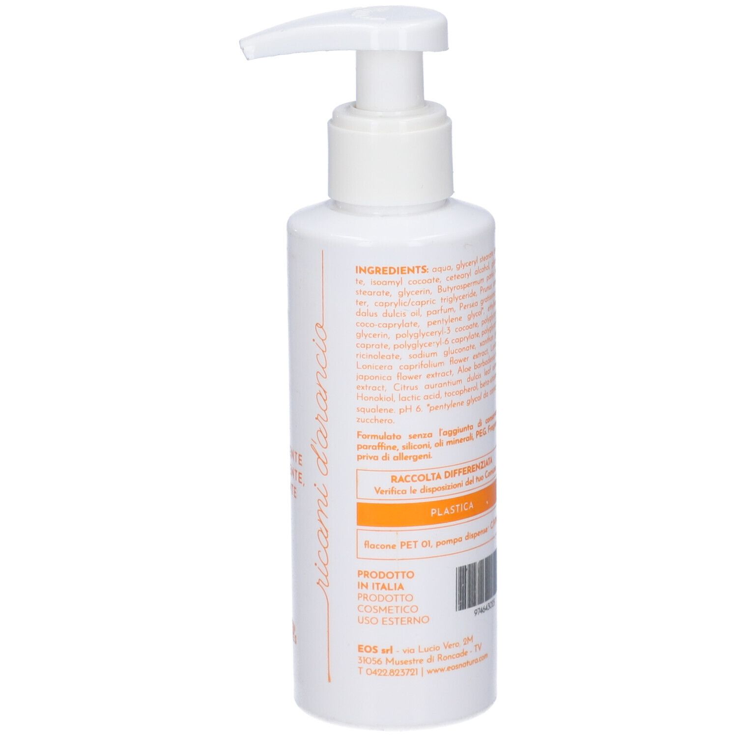 Flacone bianco con dosatore. Scritte: EOS, Pro-Age, Crema Detergente, Emolliente, Nutriente. Trame & textures.