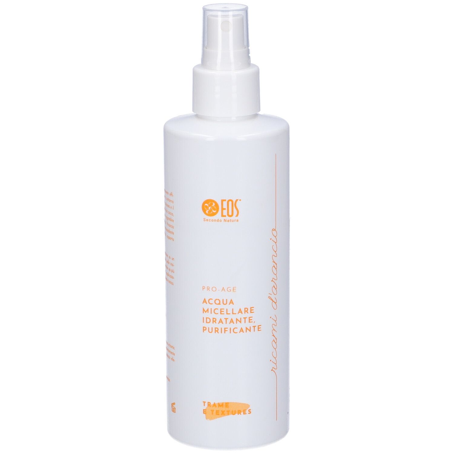 Flacone bianco con erogatore spray. Scritta: EOS, Pro-Age, Acqua Micellare, Idratante, Purificante. Testo arancione.