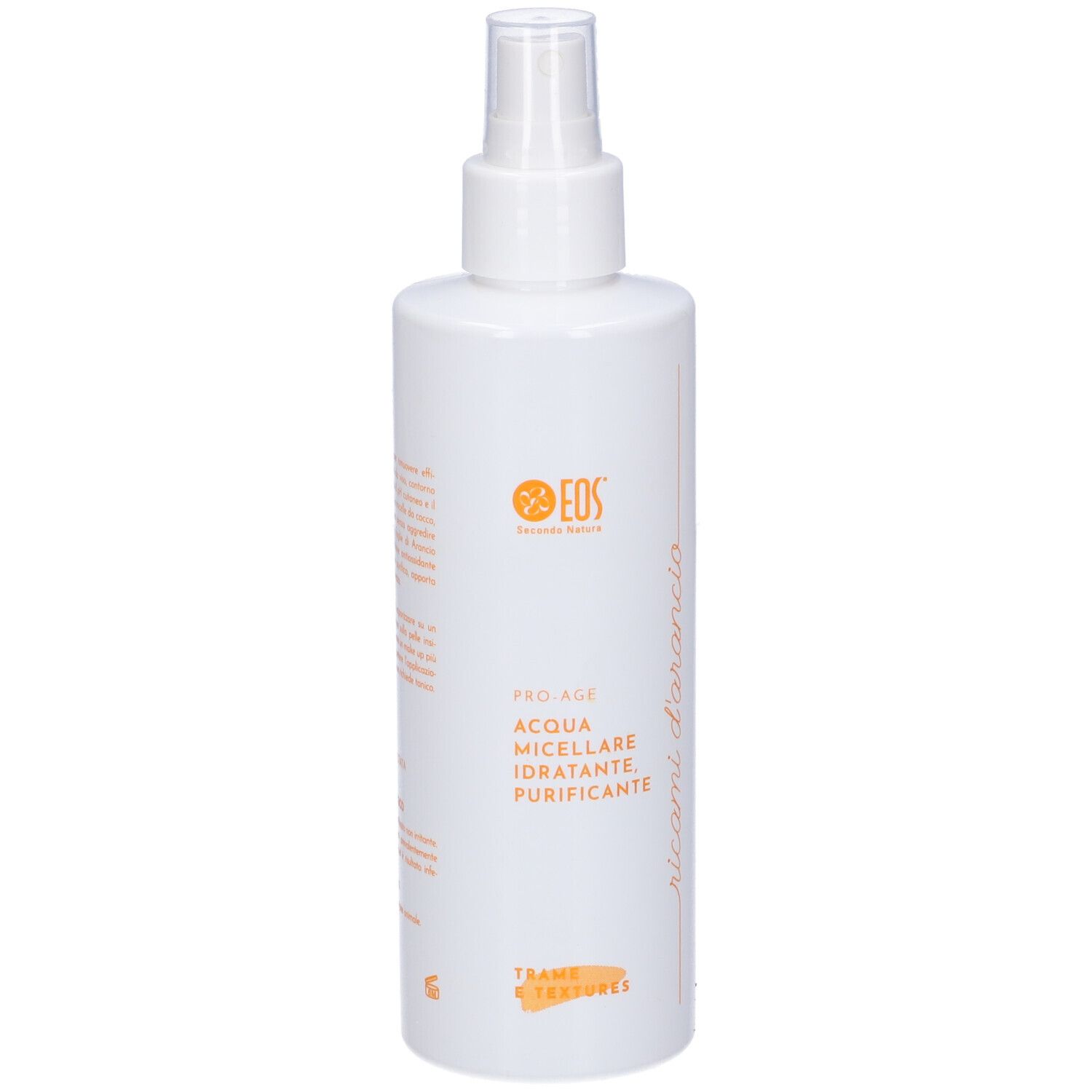 Flacone bianco con erogatore spray. Scritta: EOS, Pro-Age, Acqua Micellare, Idratante, Purificante. Testo arancione.