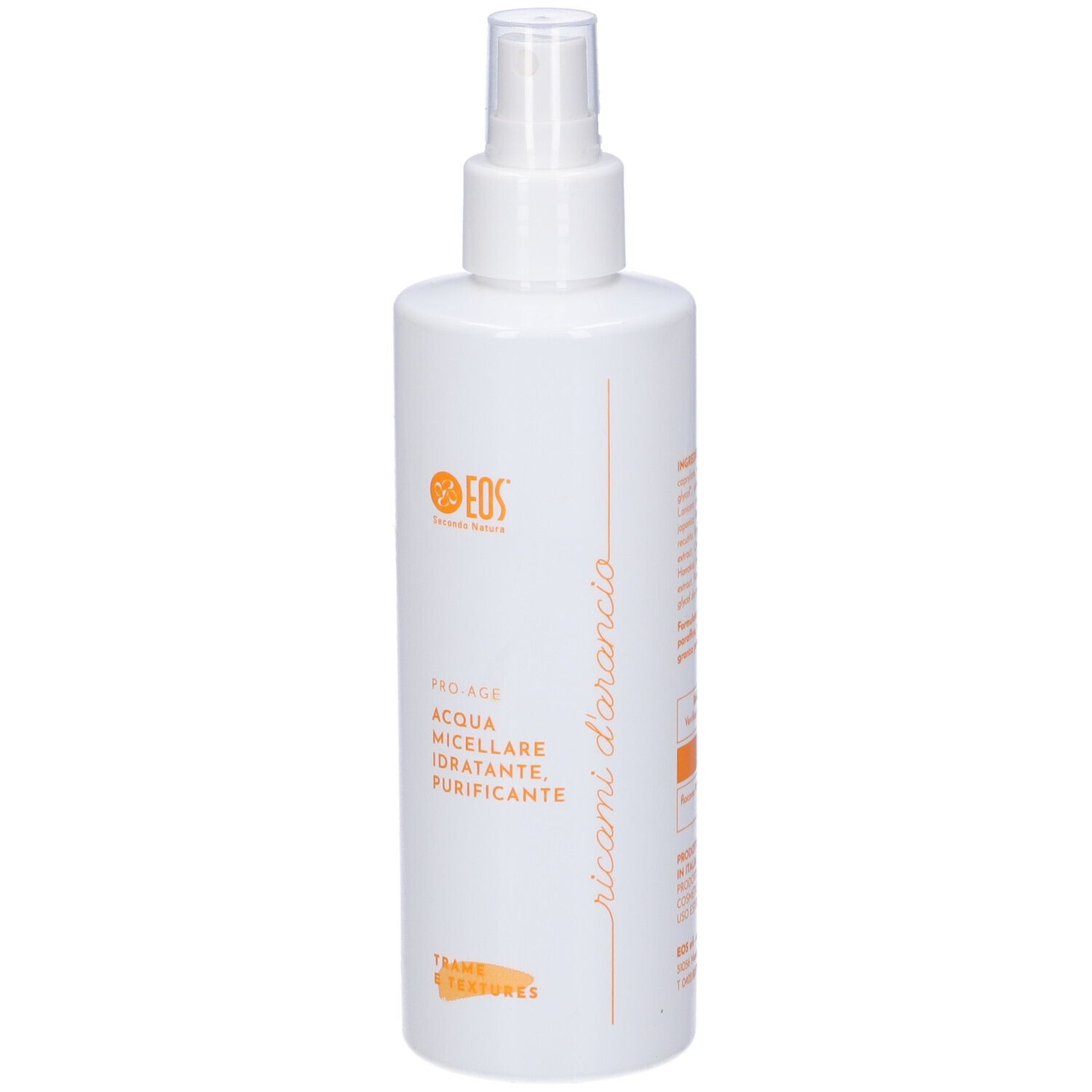 Flacone bianco con erogatore spray. Scritta: EOS, Pro-Age, Acqua Micellare, Idratante, Purificante. Testo arancione.