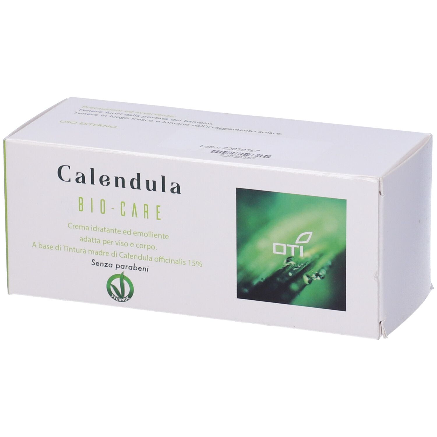 Scatola bianca 'Calendula BIO-CARE'. Confezione verde e bianca con logo e testo. Ingredienti e certificazione visibili.