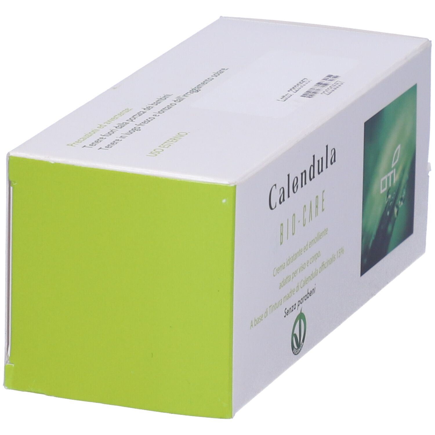 Scatola 'Calendula BIO-CARE' in prospettiva. Confezione verde e bianca. Testo e logo visibili. Ingredienti e certificazione.