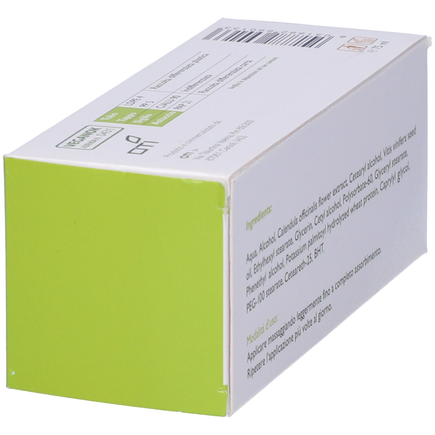 Scatola 'Calendula BIO-CARE' in prospettiva. Retro con ingredienti e istruzioni. Testo in italiano.