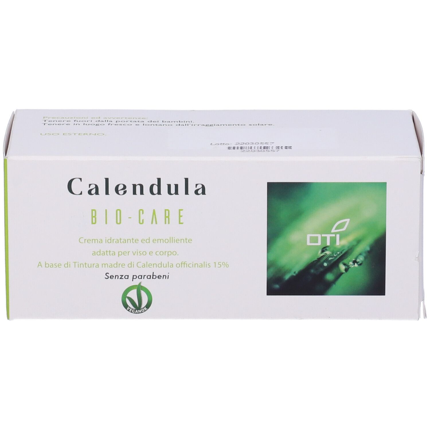 Scatola bianca 'Calendula BIO-CARE'. Confezione verde e bianca con logo e testo. Informazioni sul prodotto e certificazione.