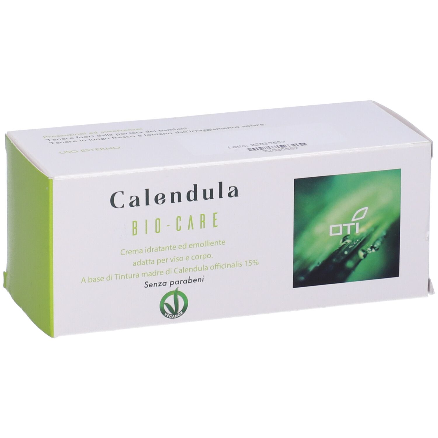 Scatola bianca 'Calendula BIO-CARE'. Confezione verde e bianca con logo e testo. Informazioni e certificazione.