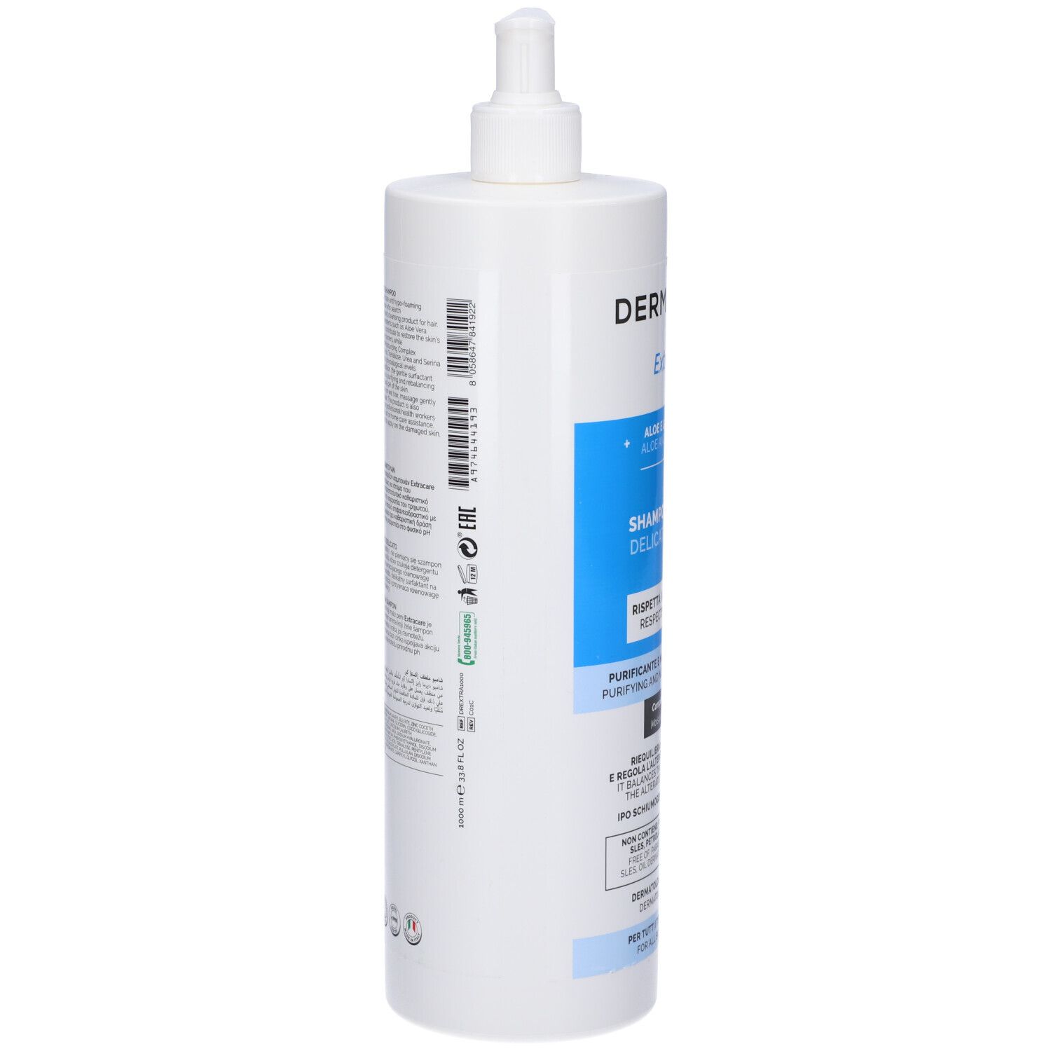 Flacone bianco con dosatore, vista laterale. Testo ed etichette. DermaRays+ ExtraCare Shampoo Delicato. Eco-etichette verdi.