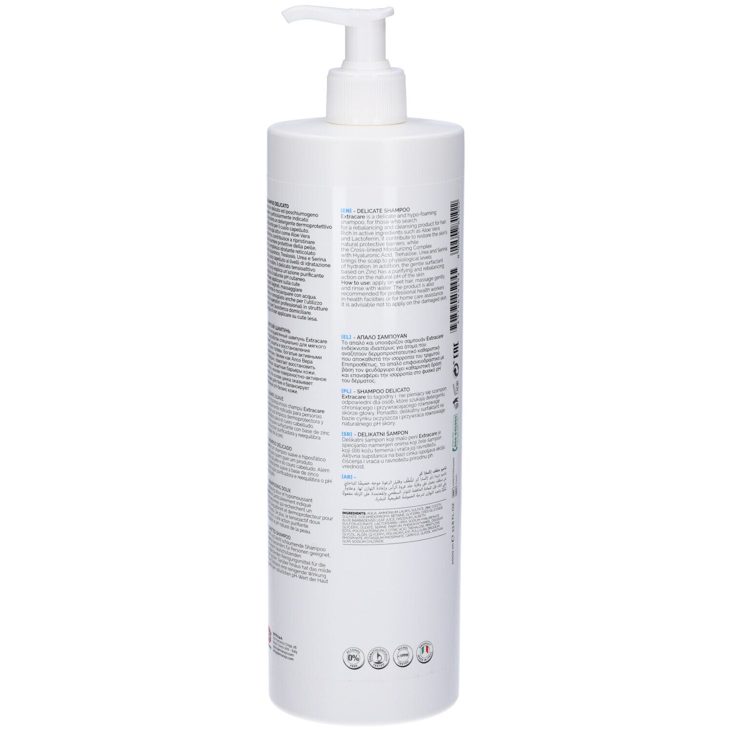 Flacone bianco con dosatore, vista posteriore. Testo ed etichette. DermaRays+ ExtraCare Shampoo Delicato. Diverse lingue.
