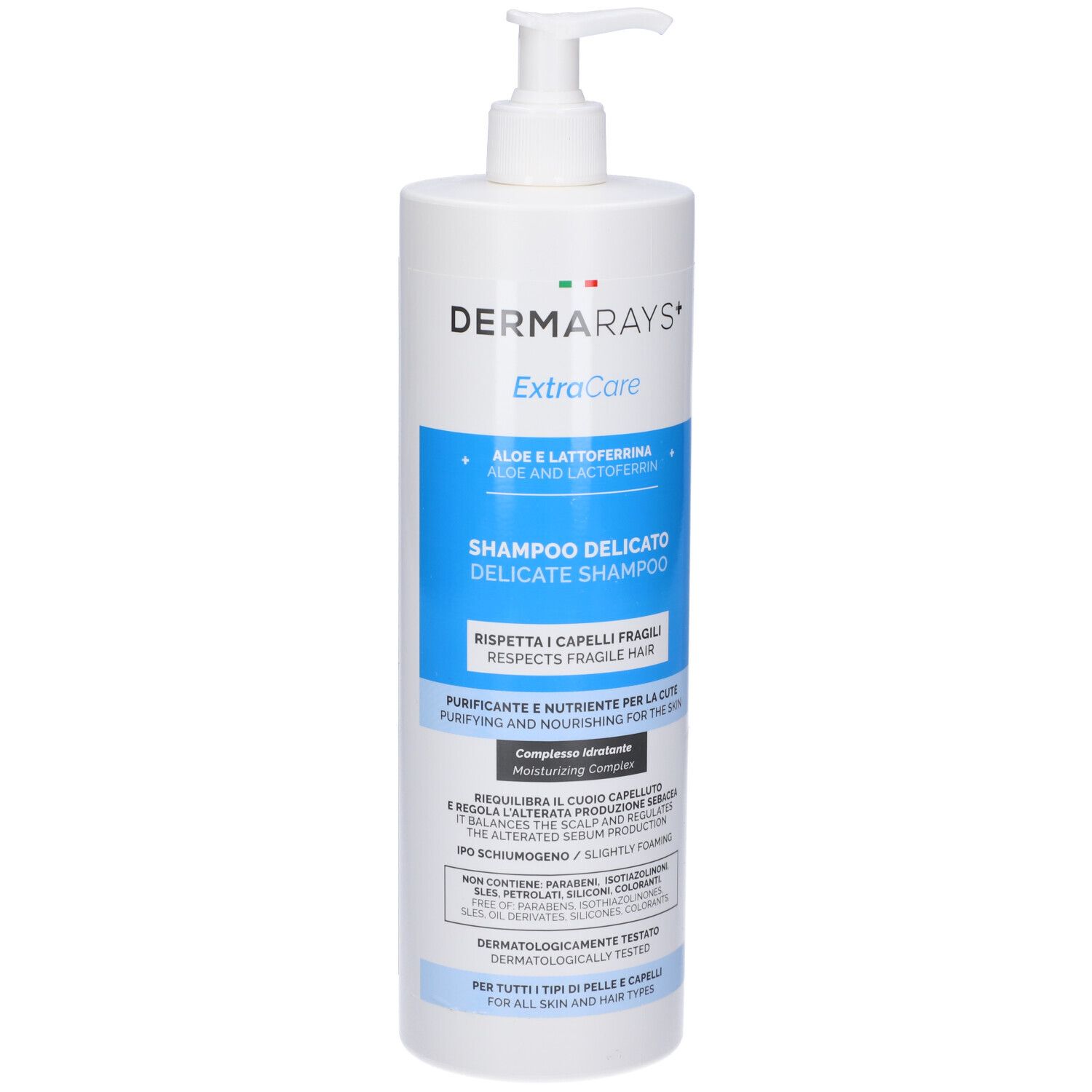 Flacone bianco con dosatore. Scritta: DermaRays+ ExtraCare Shampoo Delicato. Dettagli blu. Testo: Aloe & Lattoferrina, per capelli fragili.
