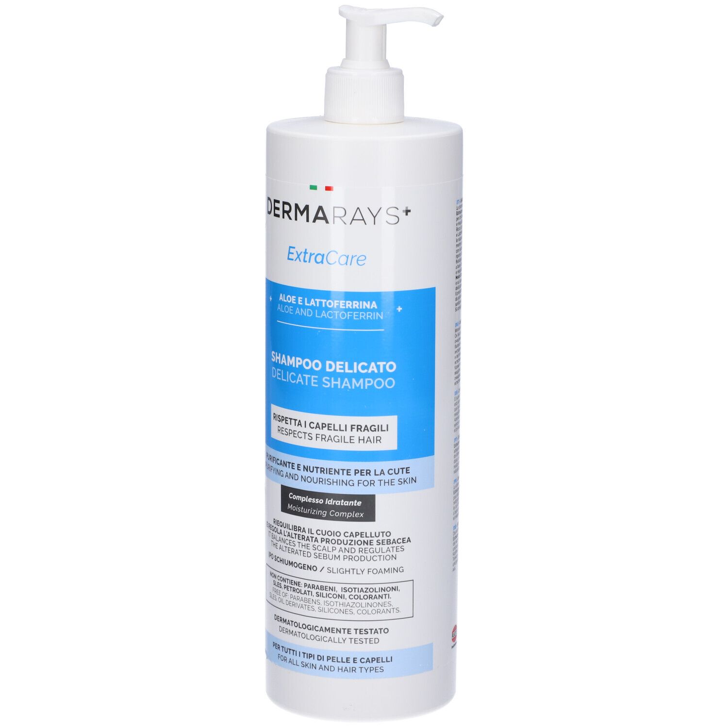 Flacone bianco con dosatore. Scritta: DermaRays+ ExtraCare Shampoo Delicato. Dettagli blu. Testo: Aloe & Lattoferrina, per capelli fragili.