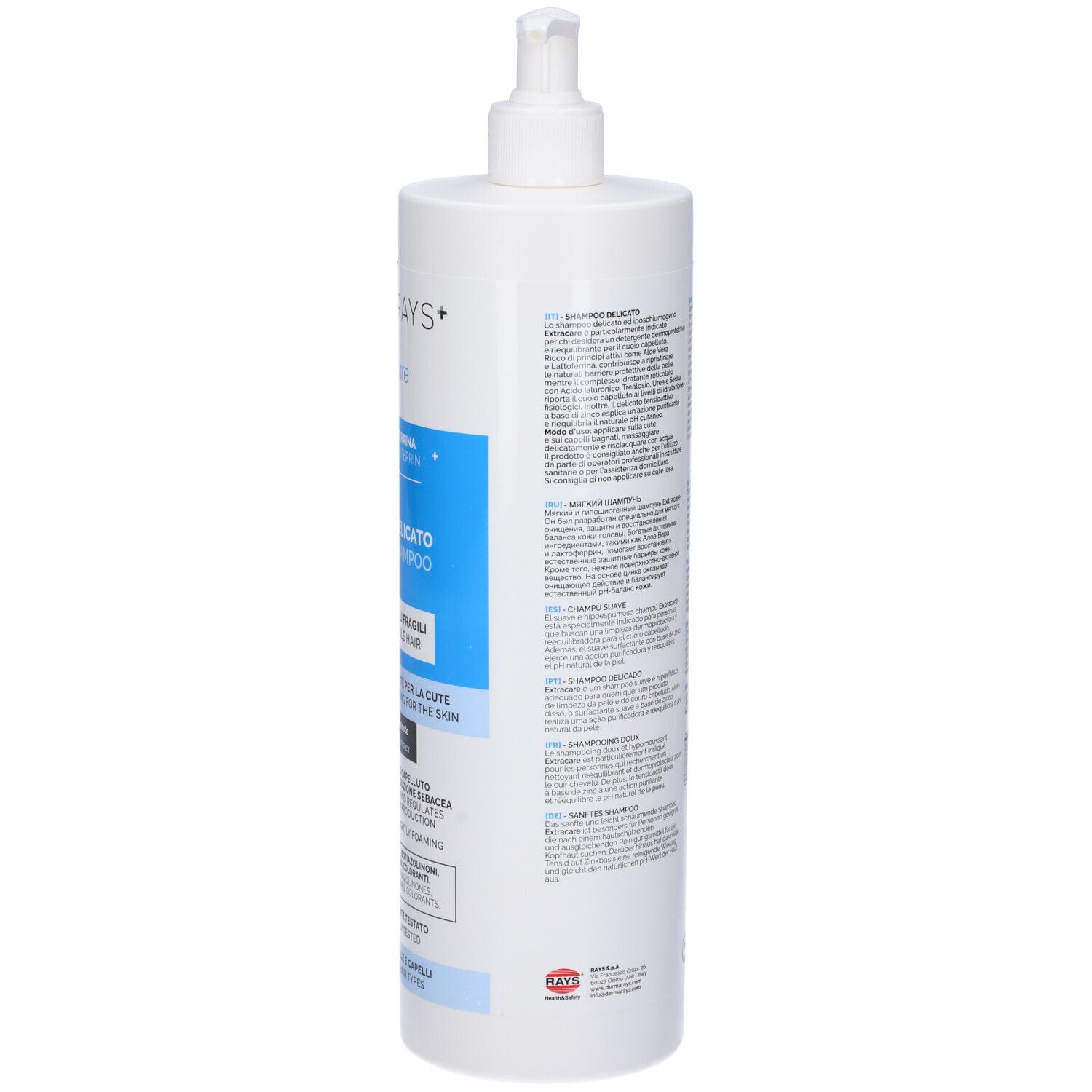 Flacone bianco con dosatore, vista laterale. Testo ed etichette. DermaRays+ ExtraCare Shampoo Delicato. Logo rosso.