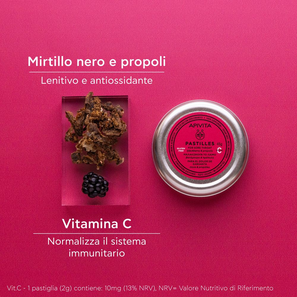 Barattolo accanto a mora e propoli. Testo: Mirtillo nero e propoli, Vitamina C.